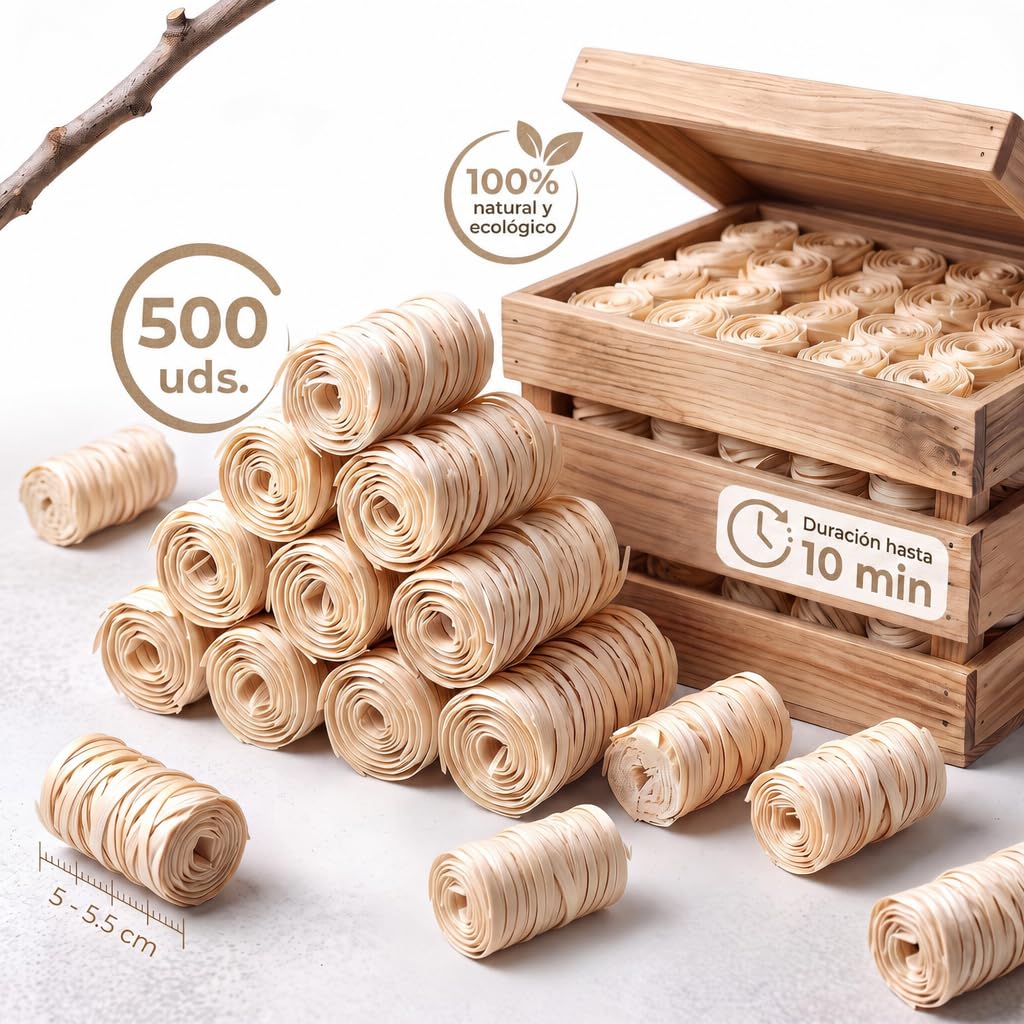 Ediesi Allume-Feu Naturel en Laine de Bois, (500 unités), Allume Barbecue, Cheminée et Poêle, Peuplier et Cire Naturelle, Inodore et sans Toxiques, Allumage Rapide