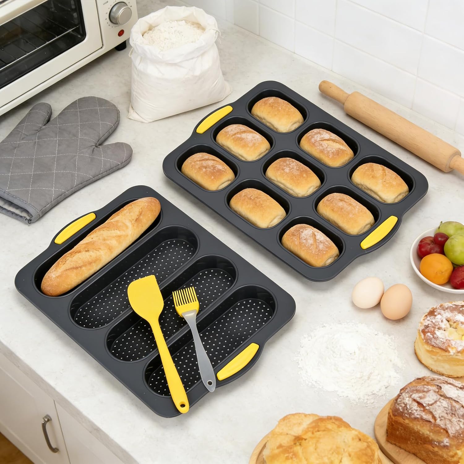 4PCS Silicone Baguette Hotdog Pan Set, Includes Scraper & Brush