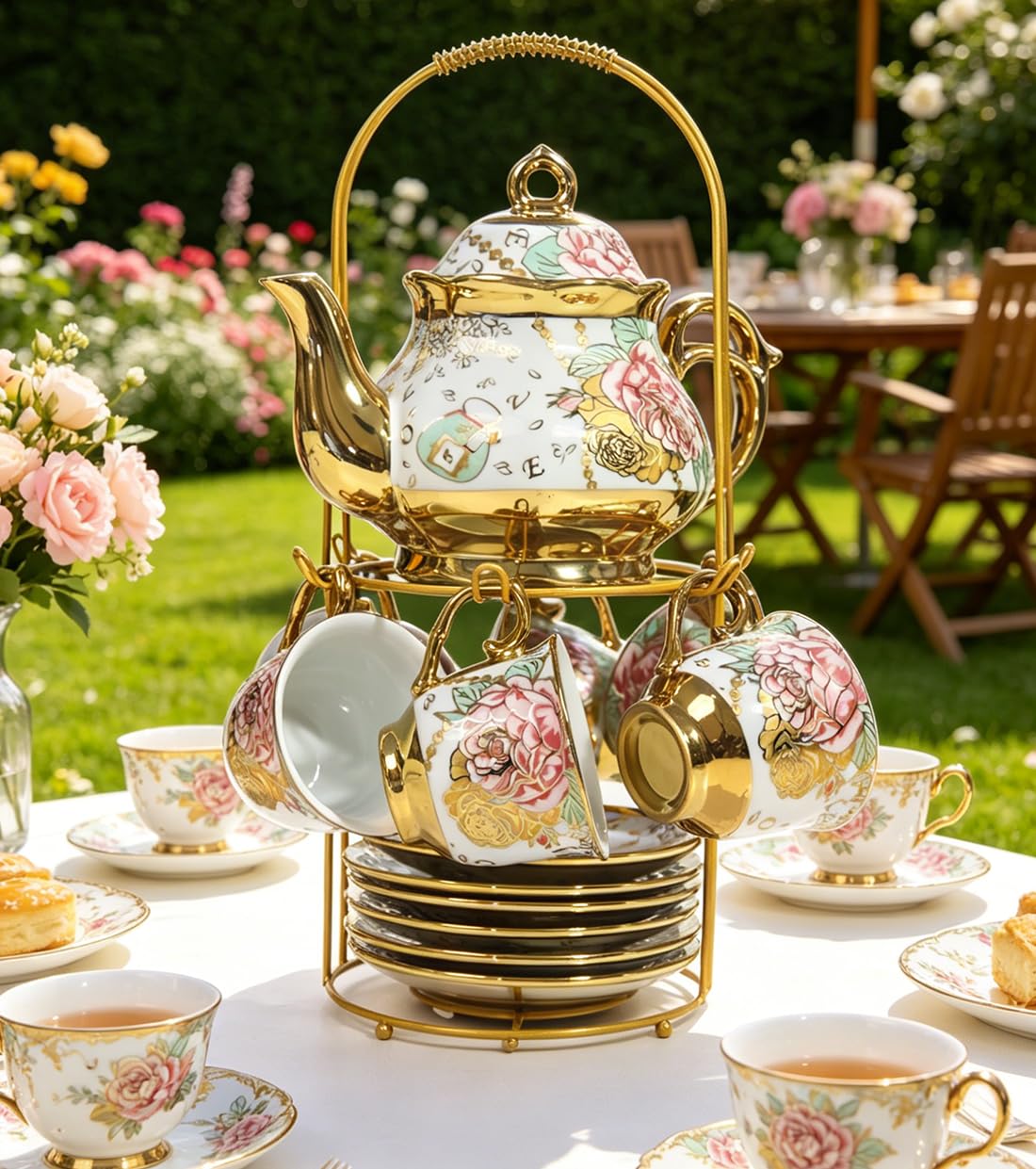 Gold Plated Red Rose Ceramic Tea SetS, Vintage Tea Set with Teapot, Beautiful Tea Set Coffee Serving 6 People (Gold, Medium)