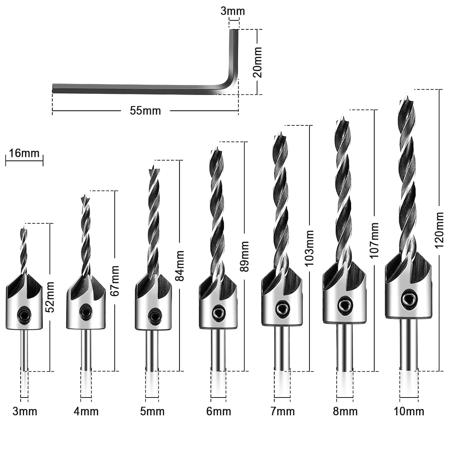 MOHOO Countersink Drill Bits, 7pcs Woodworking Countersink Drill Bits Set, Woodworking Chamfer High Carbon Steel Countersink Drill Bits for Woodworking 3 4 5 6 7 8 10mm with Hex Key