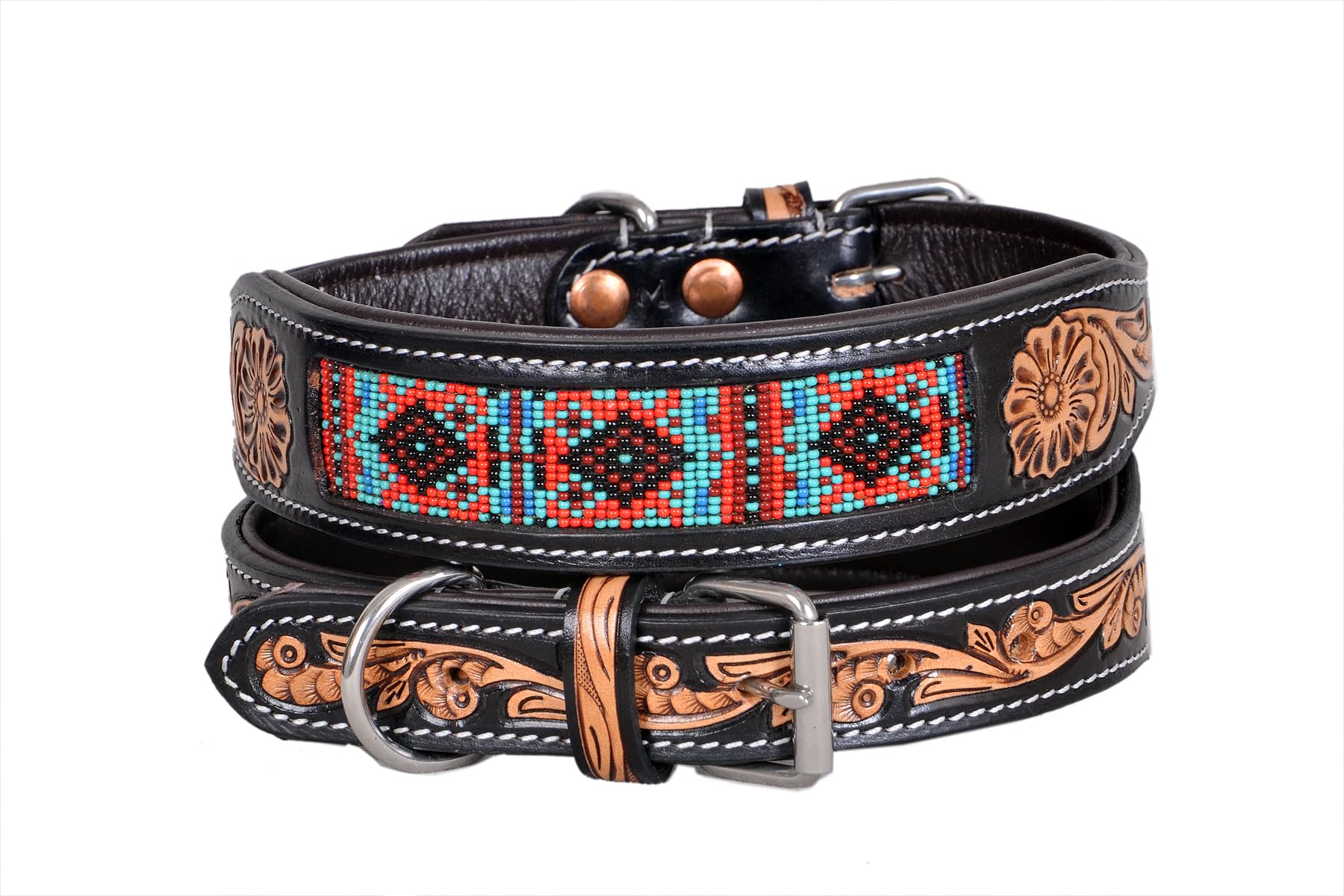 Hundehalsband aus Leder, Größe XS, Western-Stil, strapazierfähig, handgedreht, verstellbar, mit Perlen und gepolstert, weich für Welpen und große Hunde, 10IS013-XS