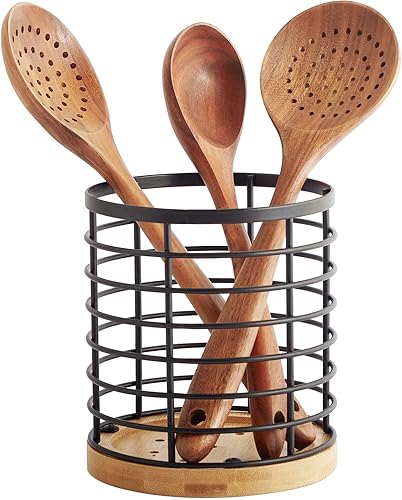 Soporte para utensilios para encimera de cocina, 5.2 x 5.2 x 6 pulgadas, redondo grande con base de madera, negro mate, soporte para utensilios de