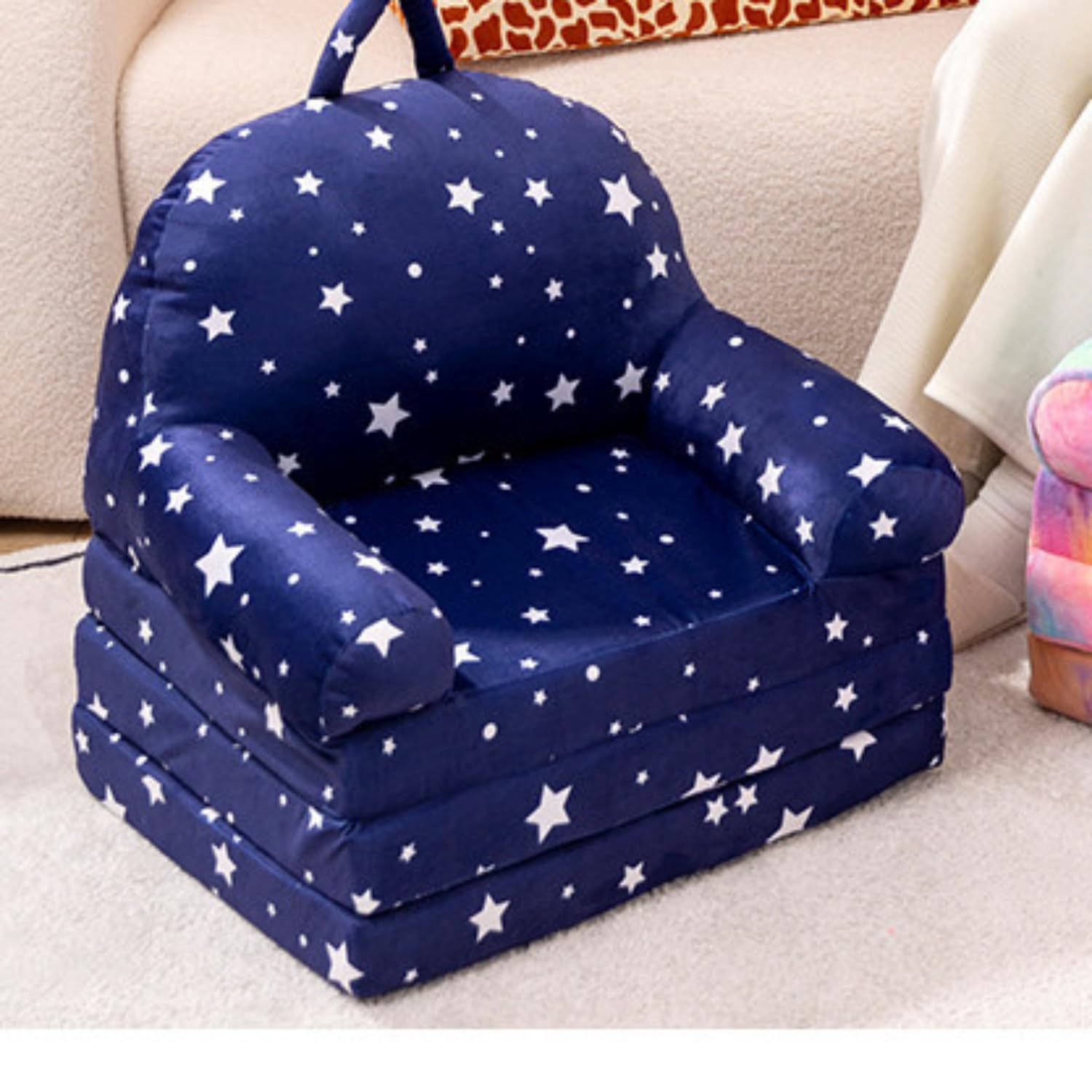 2 in 1 Cartoon Foldable Kids Sofa, Plush Toddler Fold Out Couch Backrest Armchair Bed with Pocket for Girls and boys Toddlers Sofa Personalized Baby Couch Flip Open Mini Couch (Blue star)