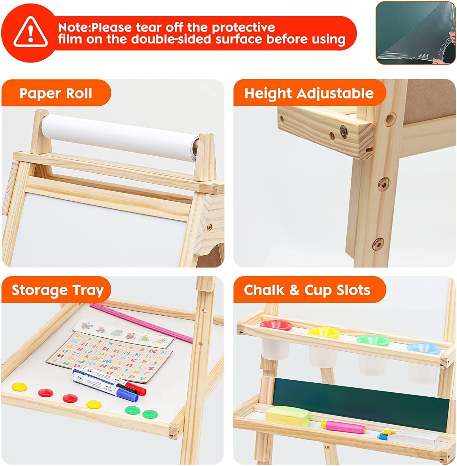 Cavalletto per bambini Tavola da gioco in legno per bambini Tavola in legno per bambini con rotolo di carta Lavagna bianca e lavagna a doppia faccia Cavalletto per bambini