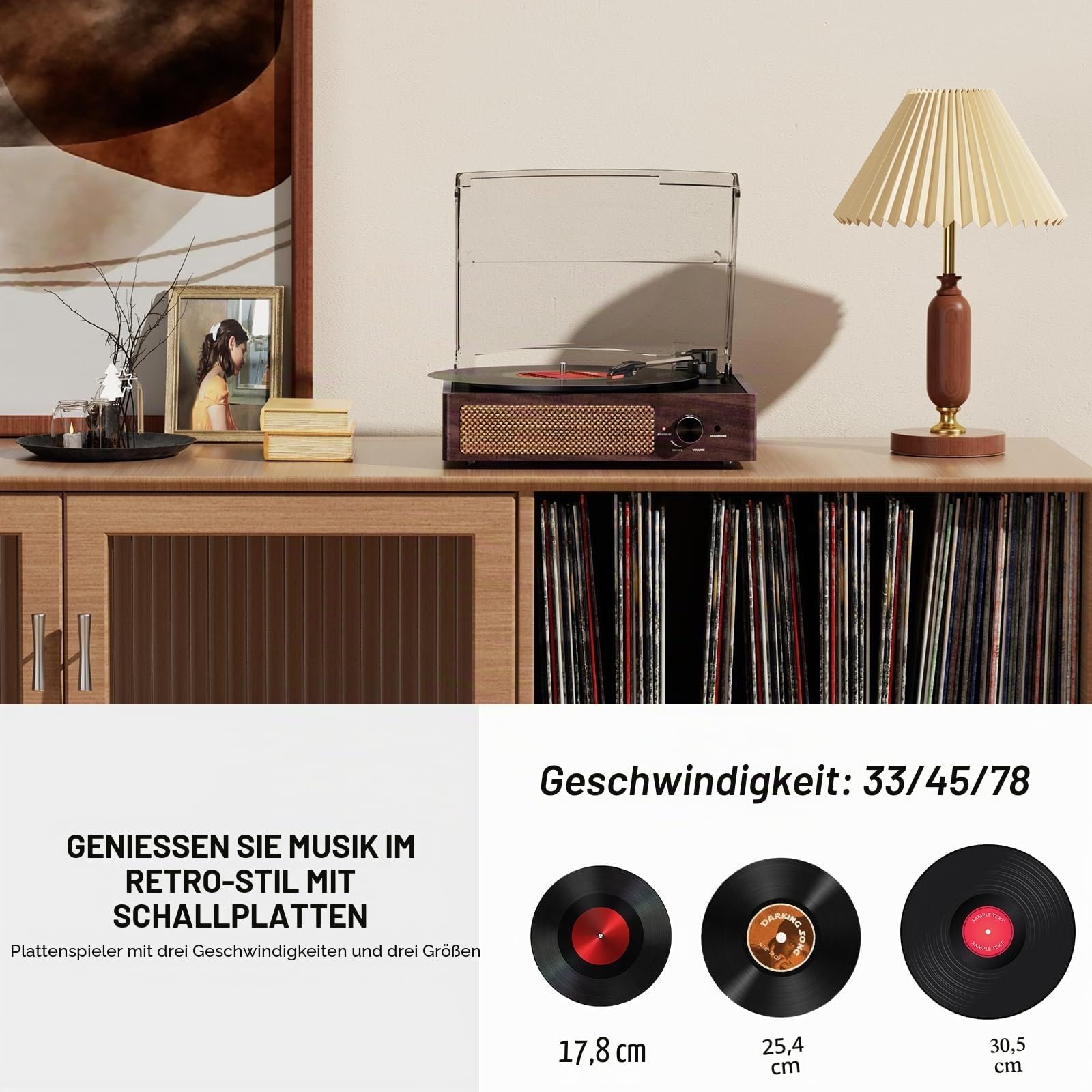 Vinyl Plattenspieler, Bluetooth tragbaren Vinyl Plattenspieler Schallplattenspieler mit 3-Gang 33/45/78 U/min und Eingebauter 2 Stereo Lautsprechern- natürliches Holz