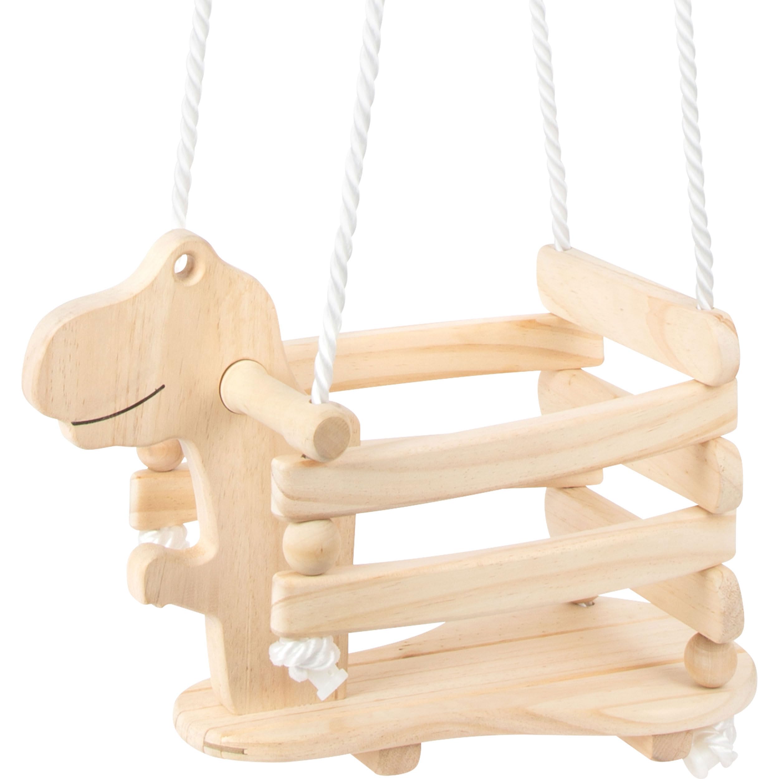 small Foot 11589 Dinoschaukel Rex aus Holz, stabil und sicher aufgrund Einer erhöhten Umrandung, ab 18 Monaten Spielzeug, Unbehandelt