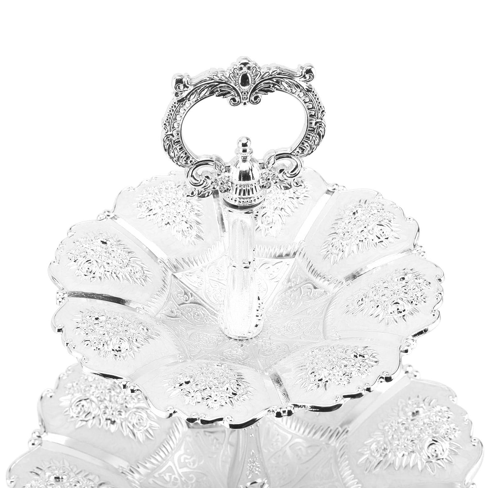 Elegante plato de servir de 2 niveles con mango conveniente para bodas y fiestas de cumpleaños, soporte de torre para pastel para un centro de mesa llamativo (Plata Blanco)