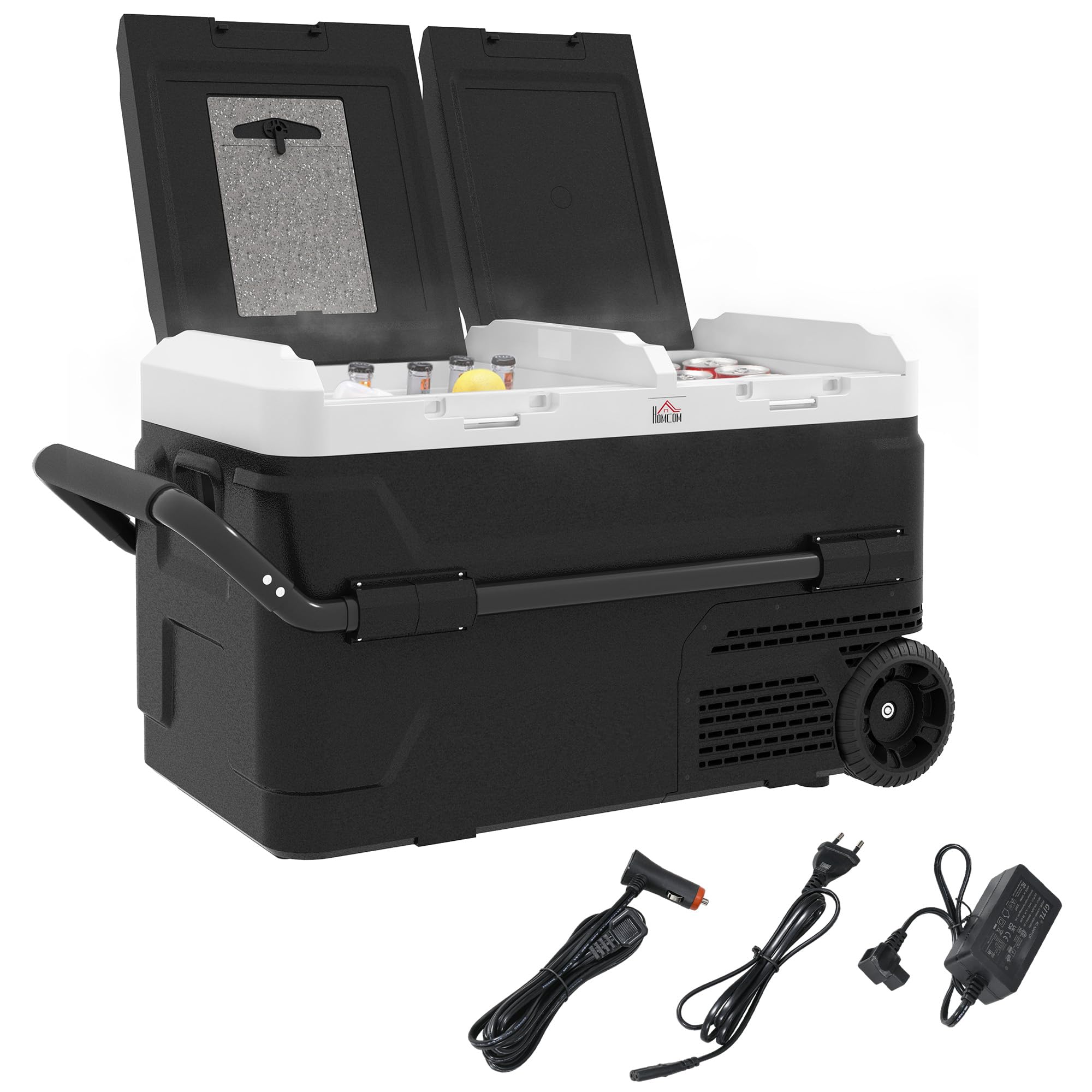 HOMCOM Nevera Compresor Portátil 40L con Doble Zona Refrigerador de Coche -20℃-20℃ 12 / 24V DC y 100-240V AC Nevera Eléctrica con Luz LED y Asa Telescópica para Caravanas Viajes 80x47,5x46,6 cm Negro