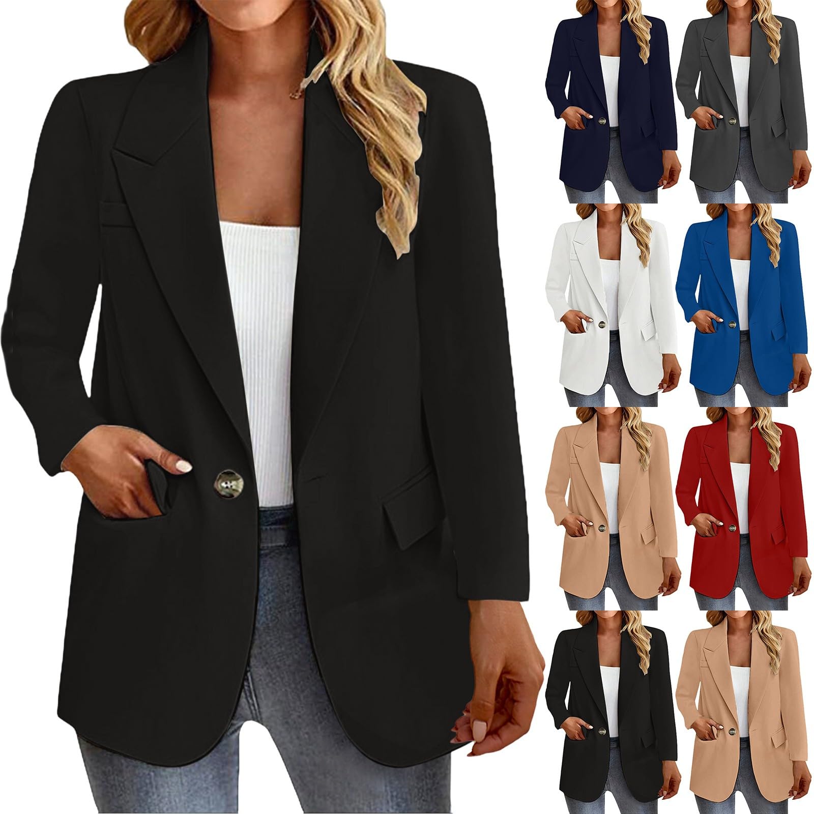 HUIFUAO Blazers pour femmes, grande taille, col en V, veste de travail habillée décontractée, manteaux à manches longues, 1 bouton à revers avec poche