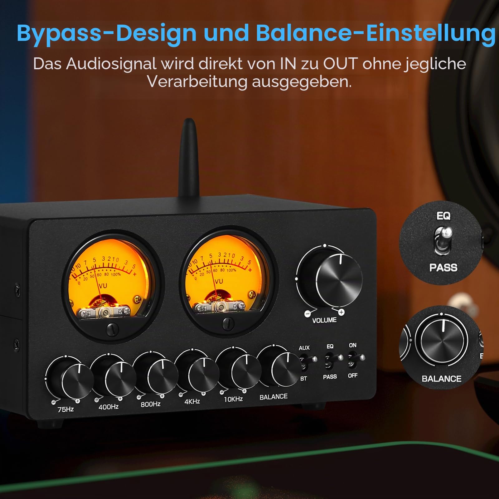 Douk Audio 5-Band-Equalizer Bluetooth EQ Vorverstärker für Heim-Stereo/Computer-Lautsprecher/Verstärker mit VU-Meter (EQ5 PRO)