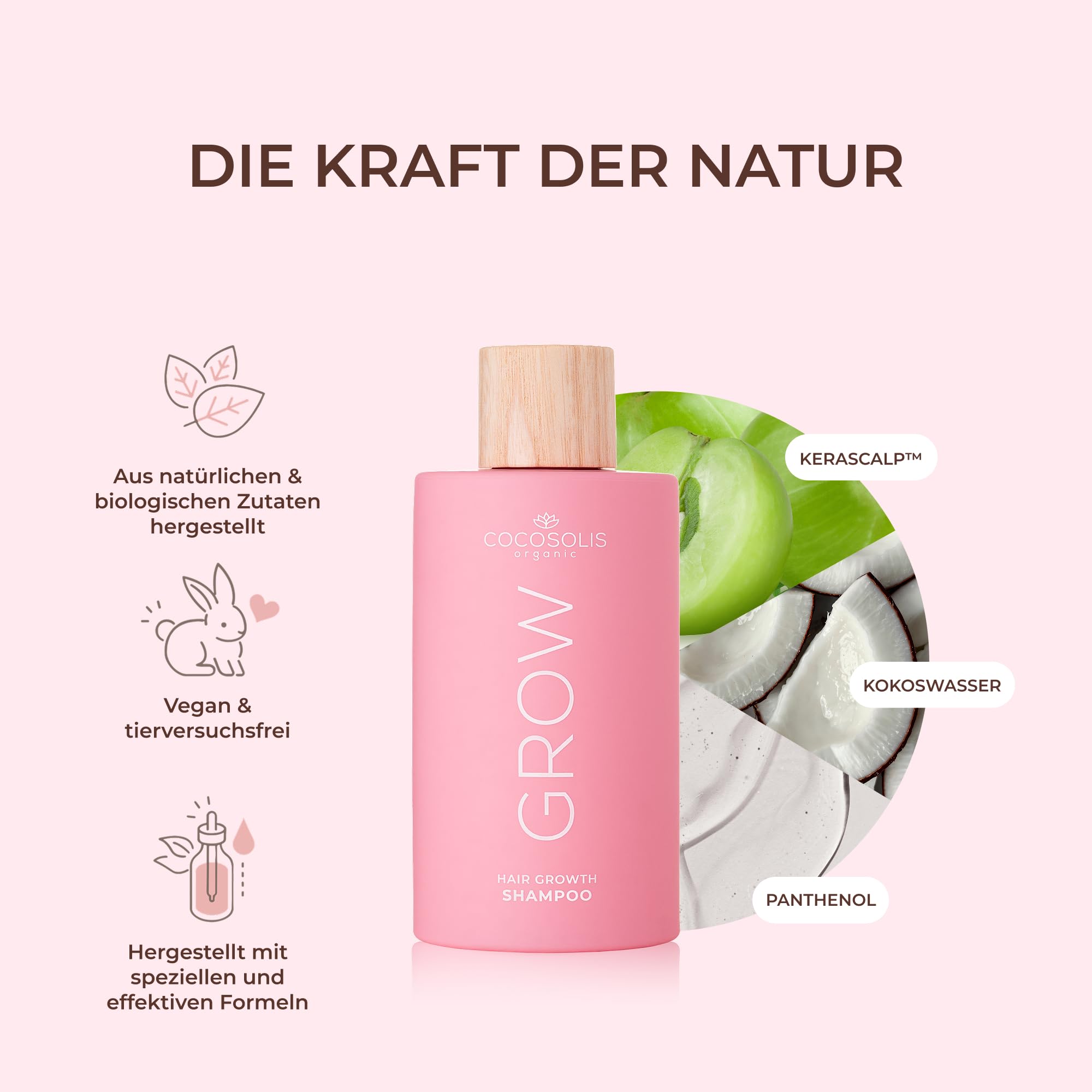COCOSOLIS GROW Growth & Anti-aging Shampoo für schnelles Haarwachstum, Wachstum der Haare beschleunigen, effektiv gegen Haarausfall, mit Vitamin e und Kerascalp Aktiv-Wirkstoff, vegane Pflege