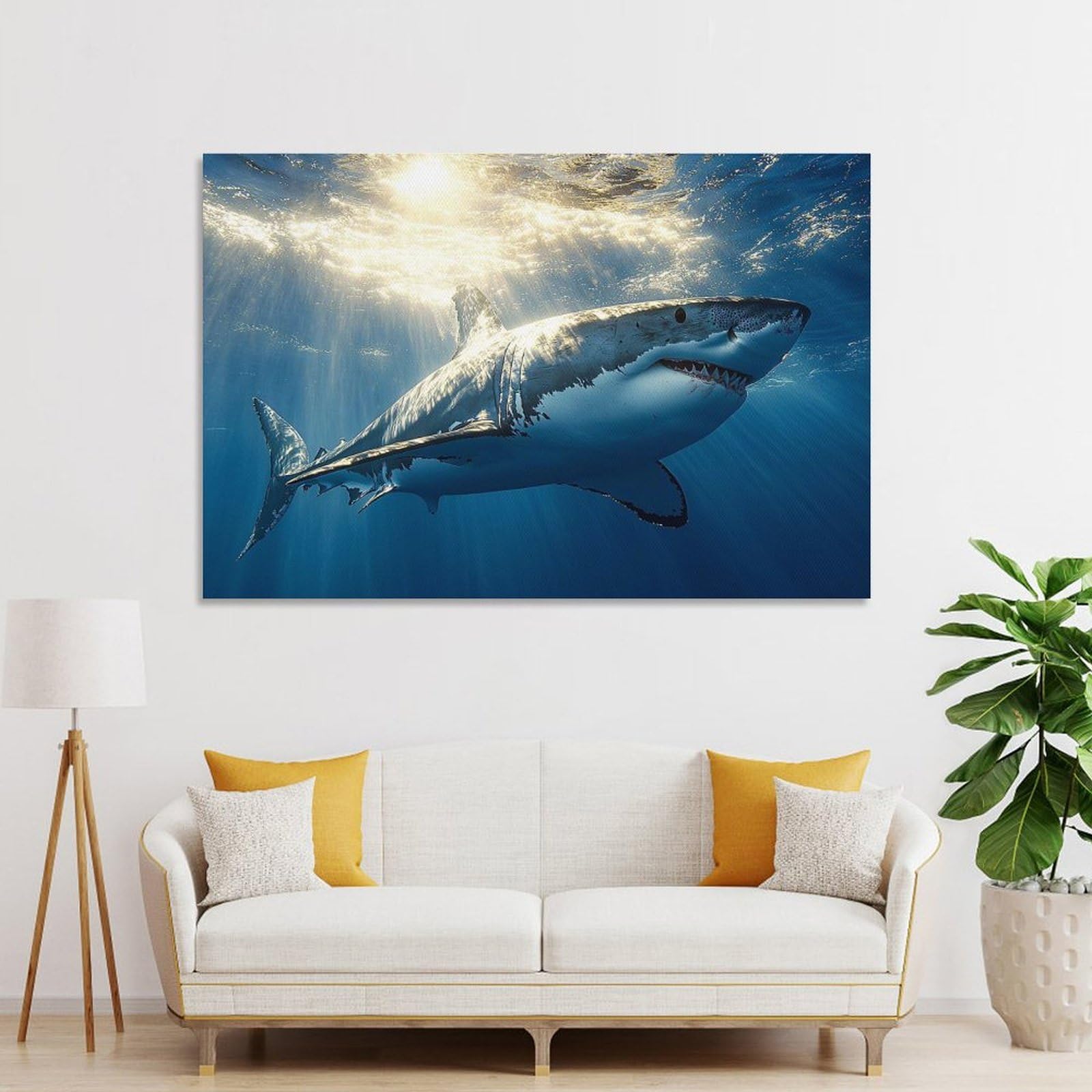 Junmoney Great White Shark Underwater Sunlight Canvas Art Print, 24x36inch(60x90cm), for Living Room, Bedroom Or Home Office, A Wall Art Gift for Fresh Interiors