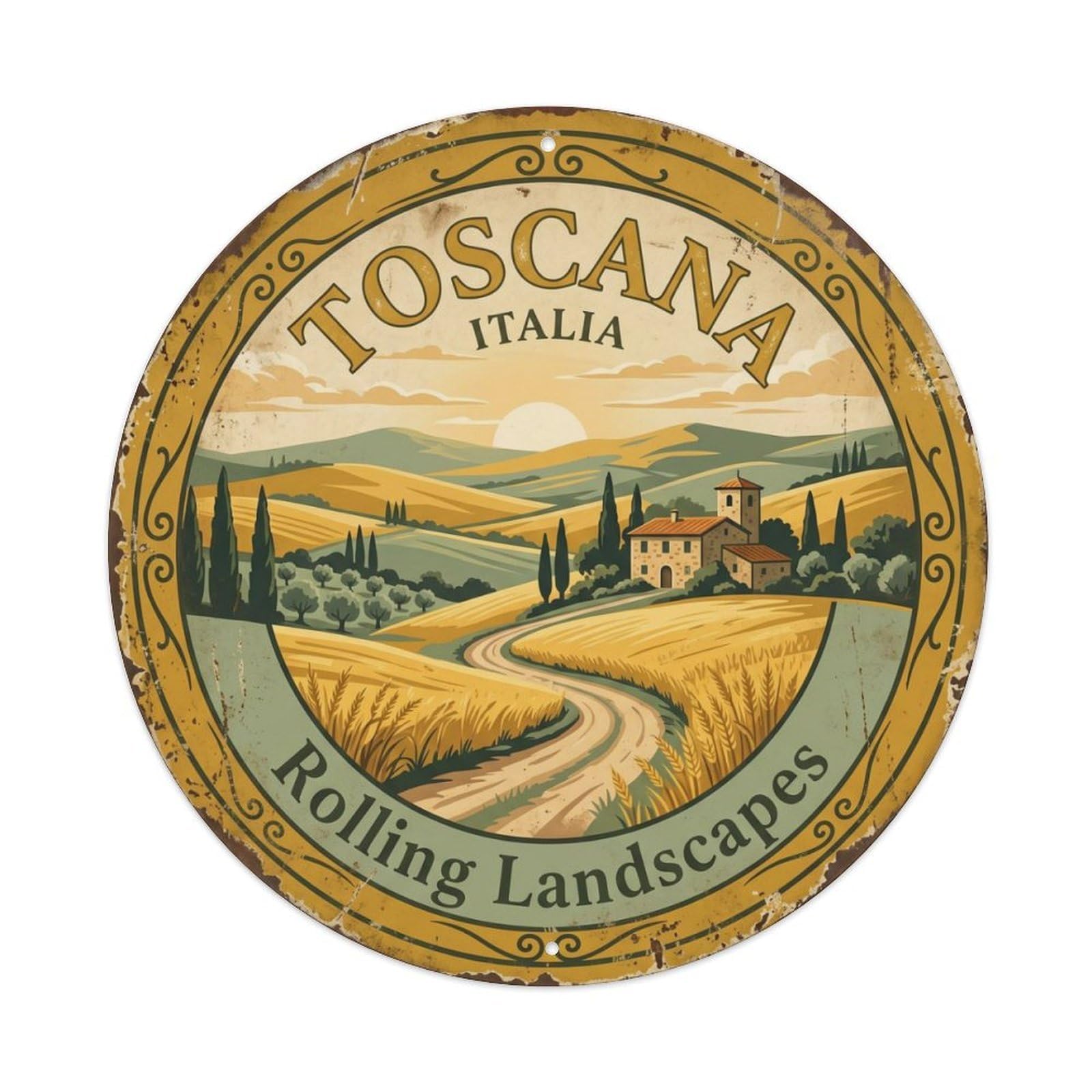 Vintage Travel Tuscany Hills Italy Metal Tin Sign Plaque Wall Decor for Cafe, Club, Garden Round Metal Poster 8x8Inch