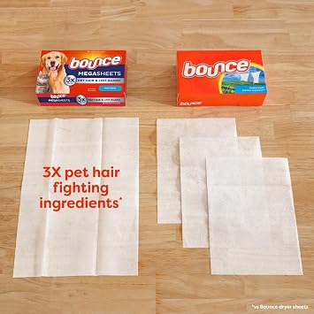 Bounce Pet Hair and Lint Guard Fabric Softener Dryer Sheets | Fresh Scent | 3X Pet Hair Fighters | Mega Sheets | 180 Count, Pack of 3