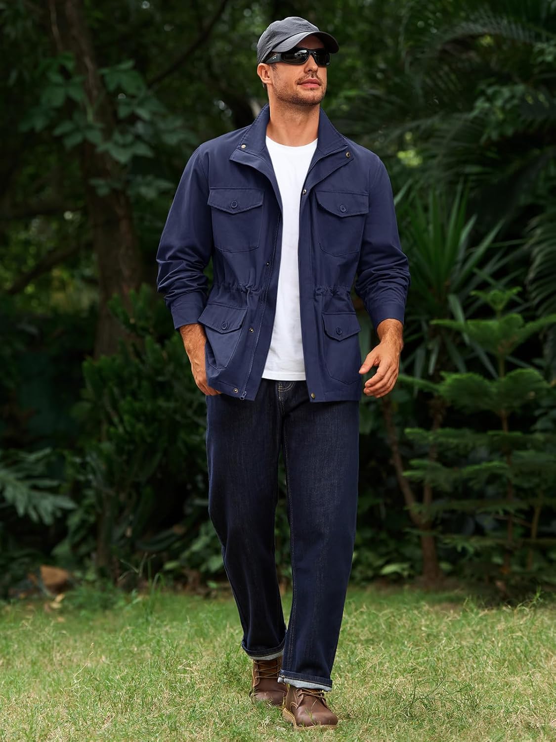 Runcati Mens Military Jacket Full Zip and Button Safari Field Jacket Multi Pocket Cargo Outdoor Coat - Image 5