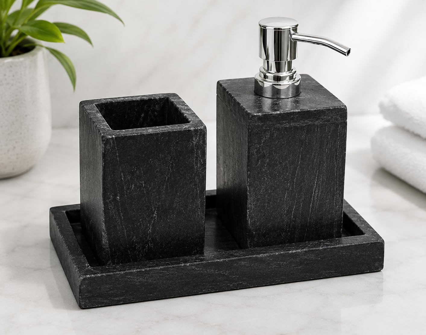 Kay31 Black Marble Bathroom Accessories Set, Soap Dispenser, Toothbrush Holder and Vanity Tray, Modern Luxury Countertop Organiser-image-43