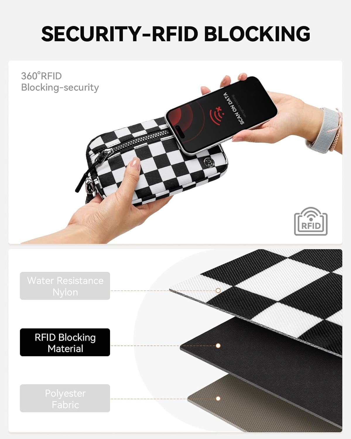 BOSTANTEN Wristlet Wallets for Women RFID Checkered Wallet with ID Window Nylon Wristlet Purse with 3 Zippers - Image 6