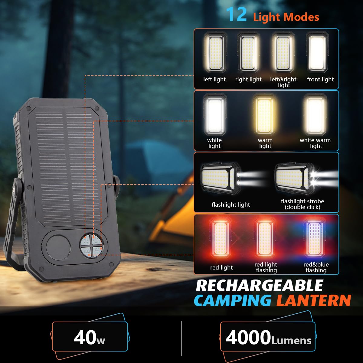 Linterna LED recargable para camping, 10000 mAh, luces de camping portátiles de hasta 120 horas, 12 modos de luz, regulable, pantalla digital LCD, impermeable, artículos esenciales de camping para