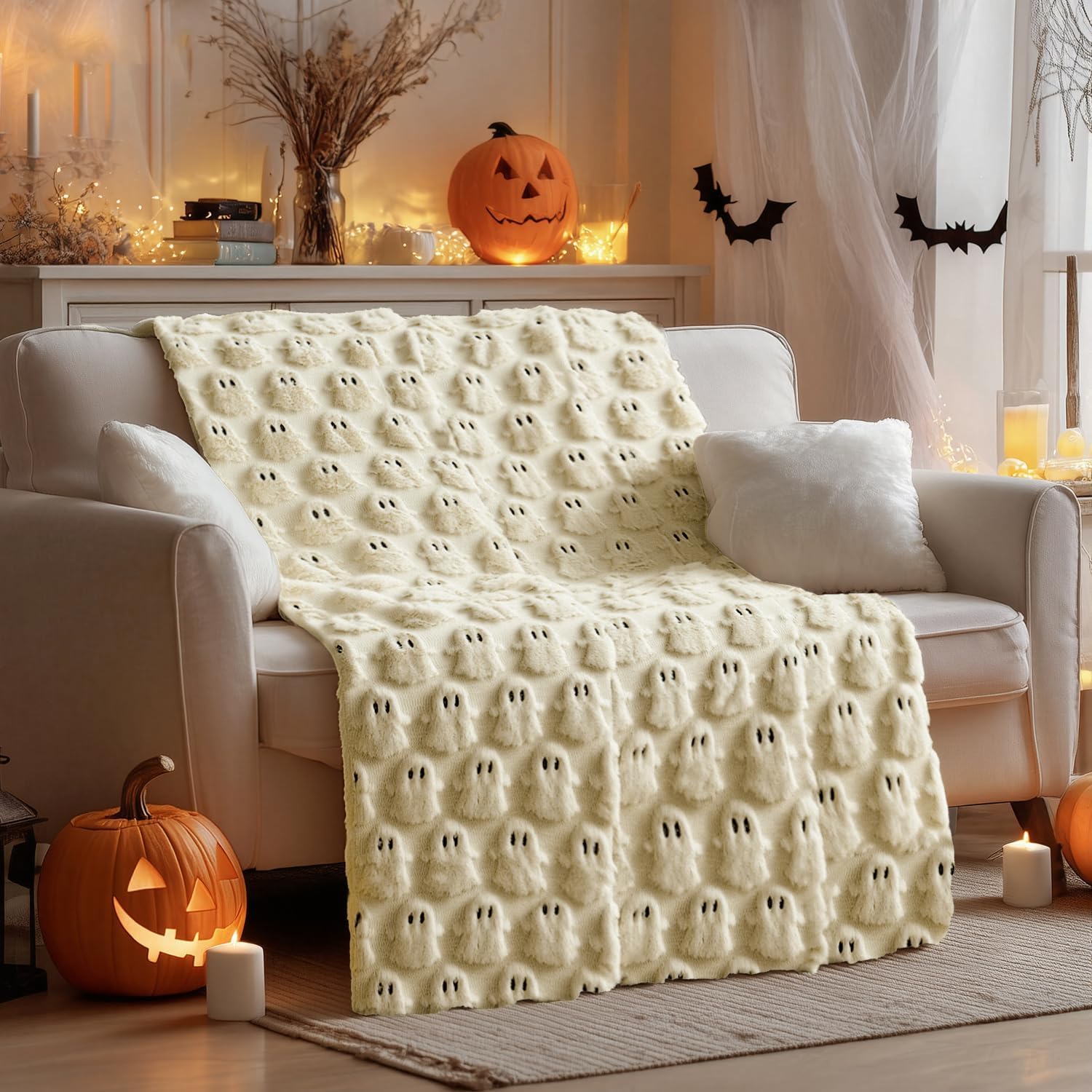 Horaldaily Halloween Blanket Throw, Ghost Beige Soft Fuzzy Plush Faux Fur Cozy Blankets for Couch Sofa Bed Lounging, Ideal Gifts for Kids Adults Wife Self, 50x60 - Image 2