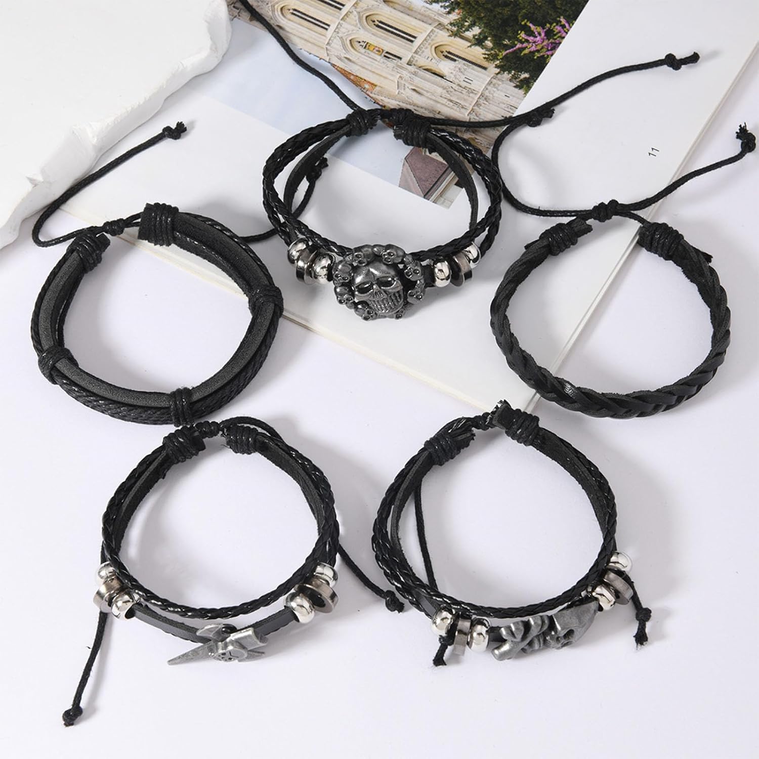 Viking Bracelet for Men 5Pcs Gothic Skull Leather Braided Bracelet Set Punk Skull Axe Charm Handmade Woven Wristband Cuff for StreetwearParty (Adjustable) - Image 4