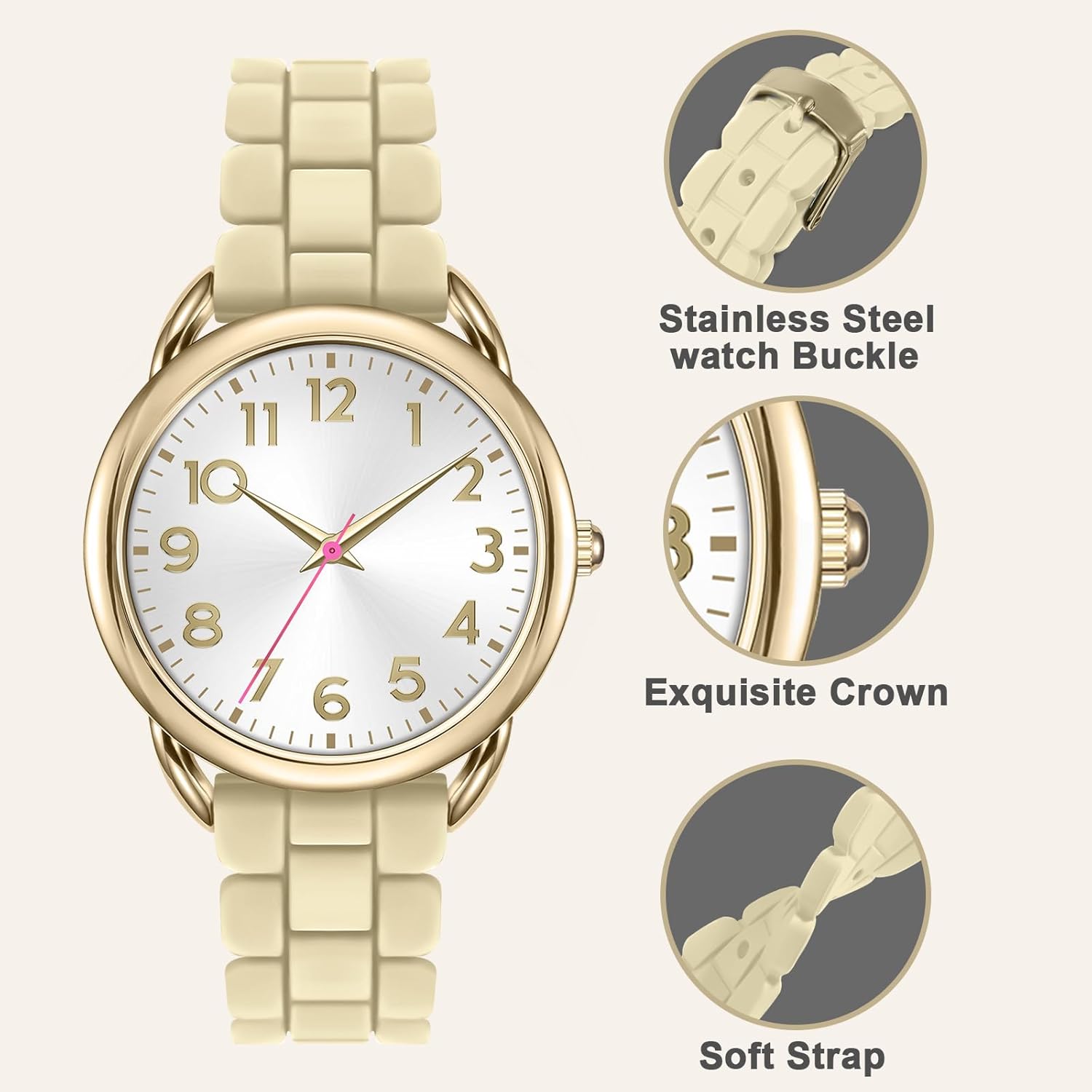 Asan Ge Analog Watch for Women Large Numerals Face Easy Time Reading Silicone Strap Casual Watch Water Resistant 100 feet - Image 2