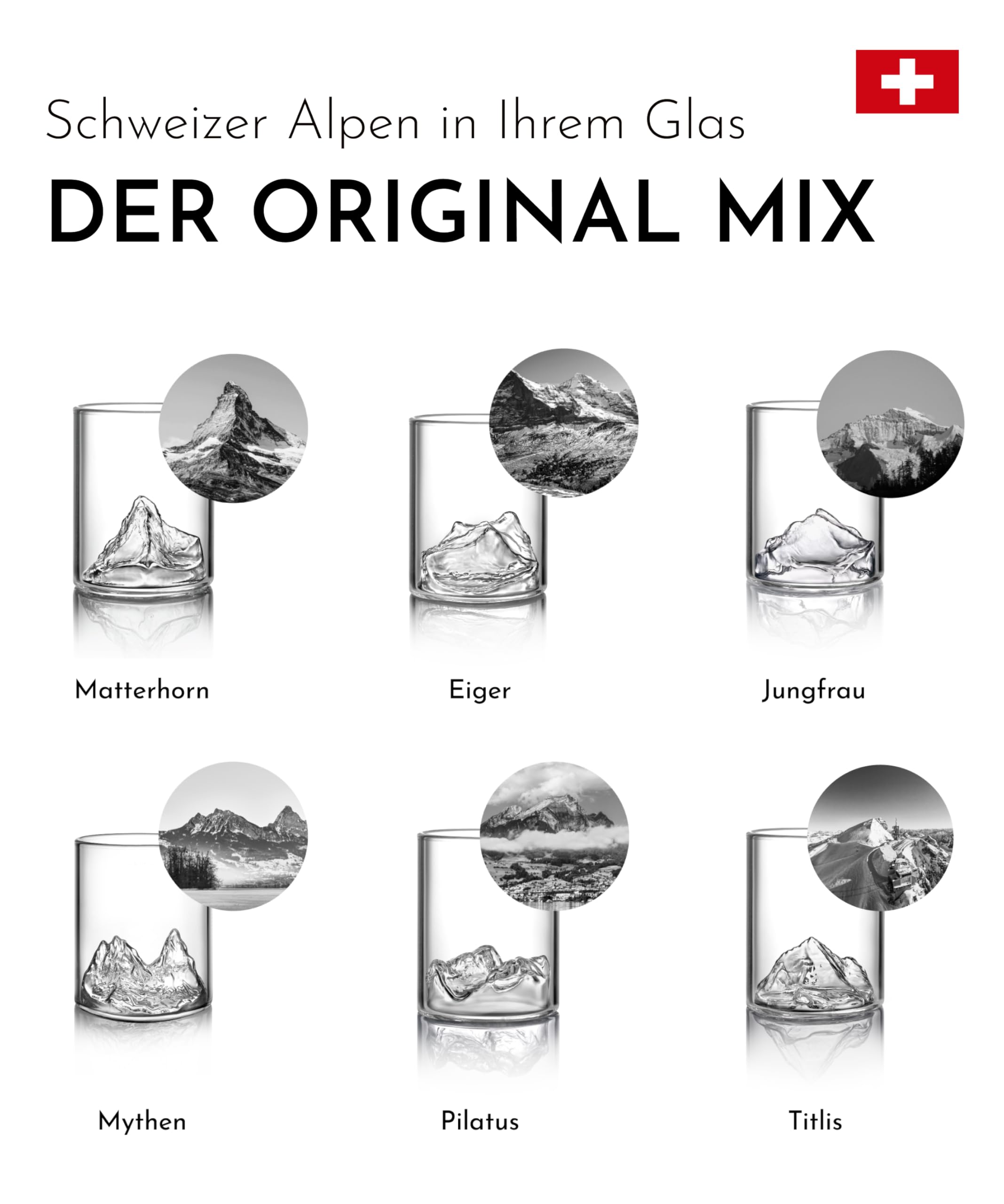Premium Schnapsgläser 6er Set (3cl) mit Bergmotiven – handgefertigte Shotgläser aus Borosilikatglas, Spülmaschinenfest, 3cl Likörgläser in Geschenkbox