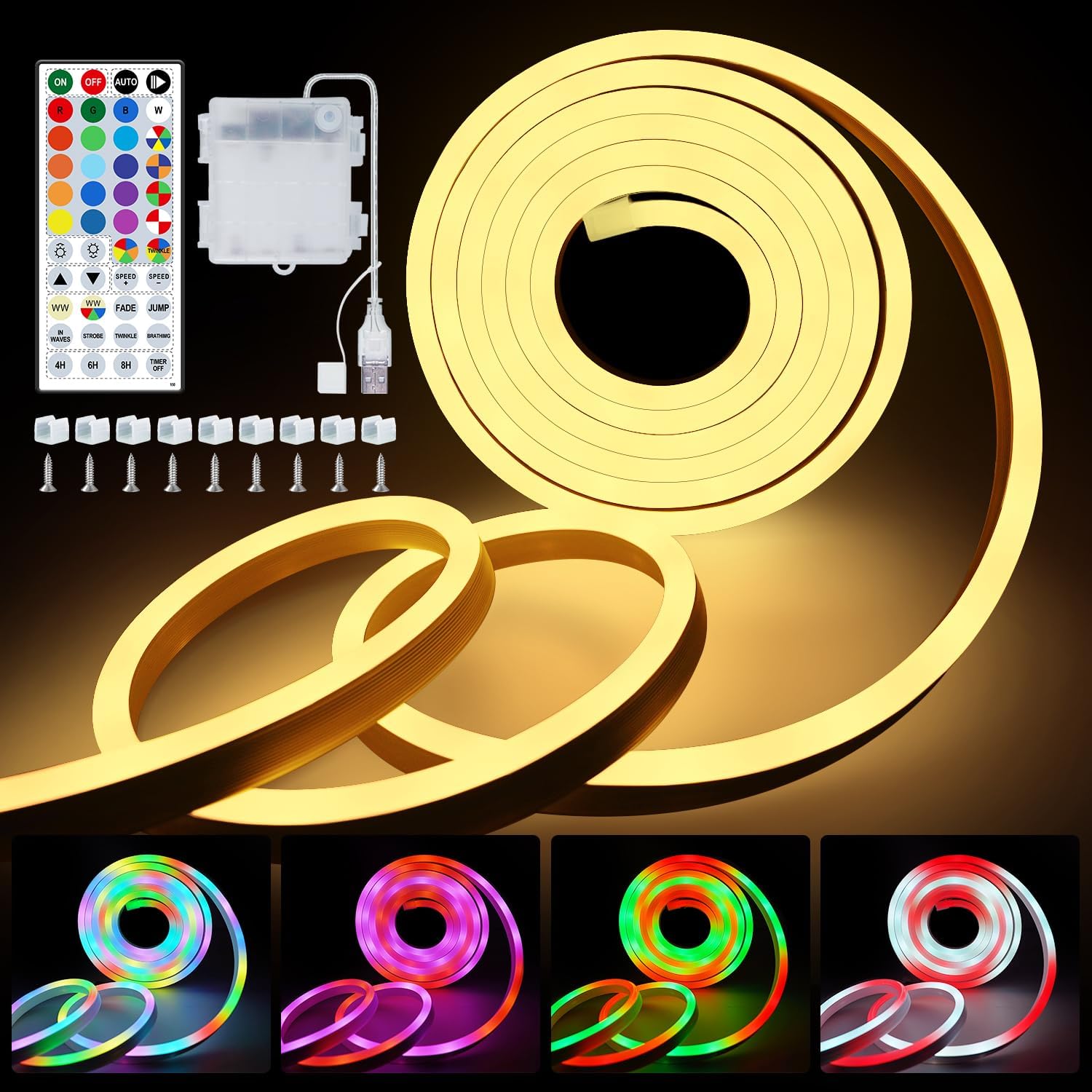 OMIKA 10FT Neon Rope Light Battery Operated, RGB &Warm White Cuttable Lights with USB, Outdoor LED Strip Lights Waterproof for Wall Bedroom Outside Indoor Christmas Décor