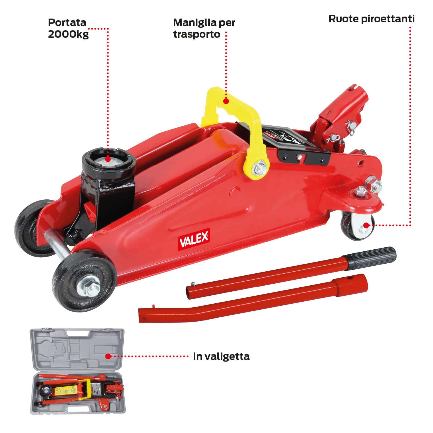 Valex Cric Idraulico a Carrello 2T – Portata 2000 kg, Altezza 135–340 mm, Maniglia Trasporto, Valigetta in Plastica Inclusa