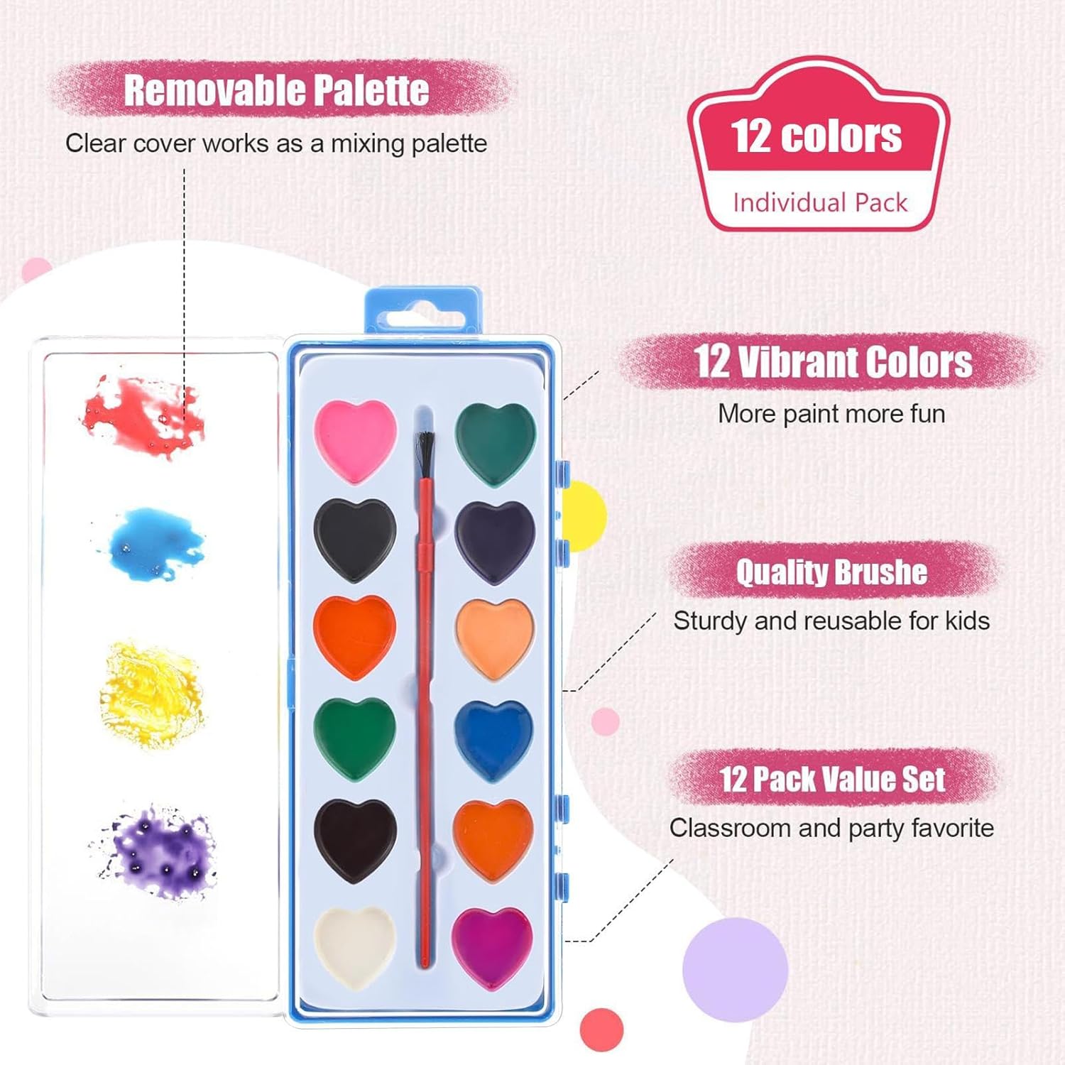 Heart Watercolor Set, Washable Paint Supplies, .66x1.97x0.55 Inches Kids Pigment Kit with Bright Colors Feature, Watercolor Paint, Art Set with Durable Build, Painting Accessory for Boys Girls