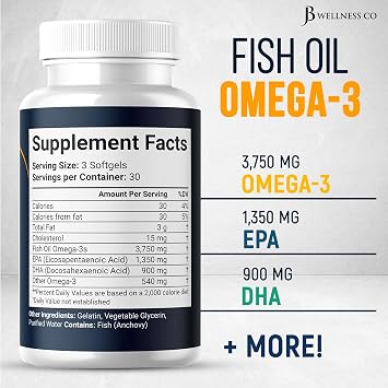 Triple Strength Omega 3 Fish Oil 3750 mg - EPA & DHA - Over 3000mg Omega-3 Fatty Acids - 1350mg EPA + 900mg DHA - Best Essential Fatty Acids, Burpless Fish Oil - 90 Count