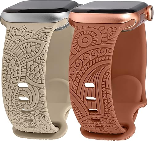 Miniatura 10 de 2 Packs Boho Engraved Bands Compatible with Apple Watch Bands 41mm 40mm 38mm 45mm 44mm 42mm 49mm Women Girls Men, Silicone Sport Fancy Dressy Cute