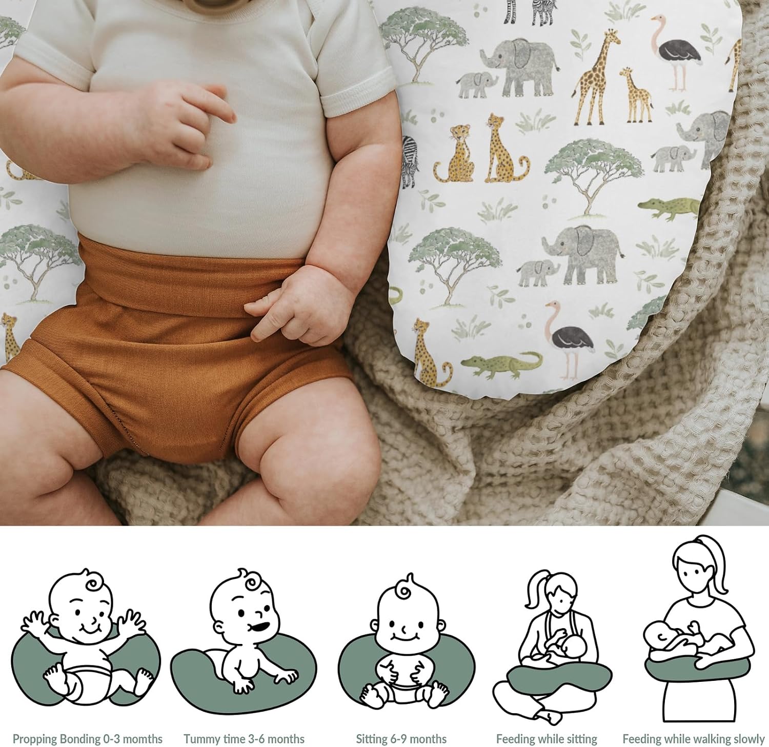 Jungle Safari Animals Baby Nursing Pillow Covers for Boy Girl Elephant Zebra Giraffe Leopard Tree Nursery Slipcover for Breastfeeding Pillows Zoo African Animal Soft Stretchy Cover for Newborn Infant