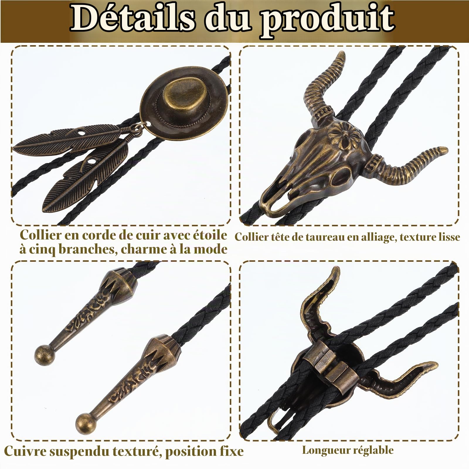 Lot de 2 cravates bolo, style western cowboy et cowgirl, en cuir vintage, fait main, avec pendentif en plumes, pour homme et femme
