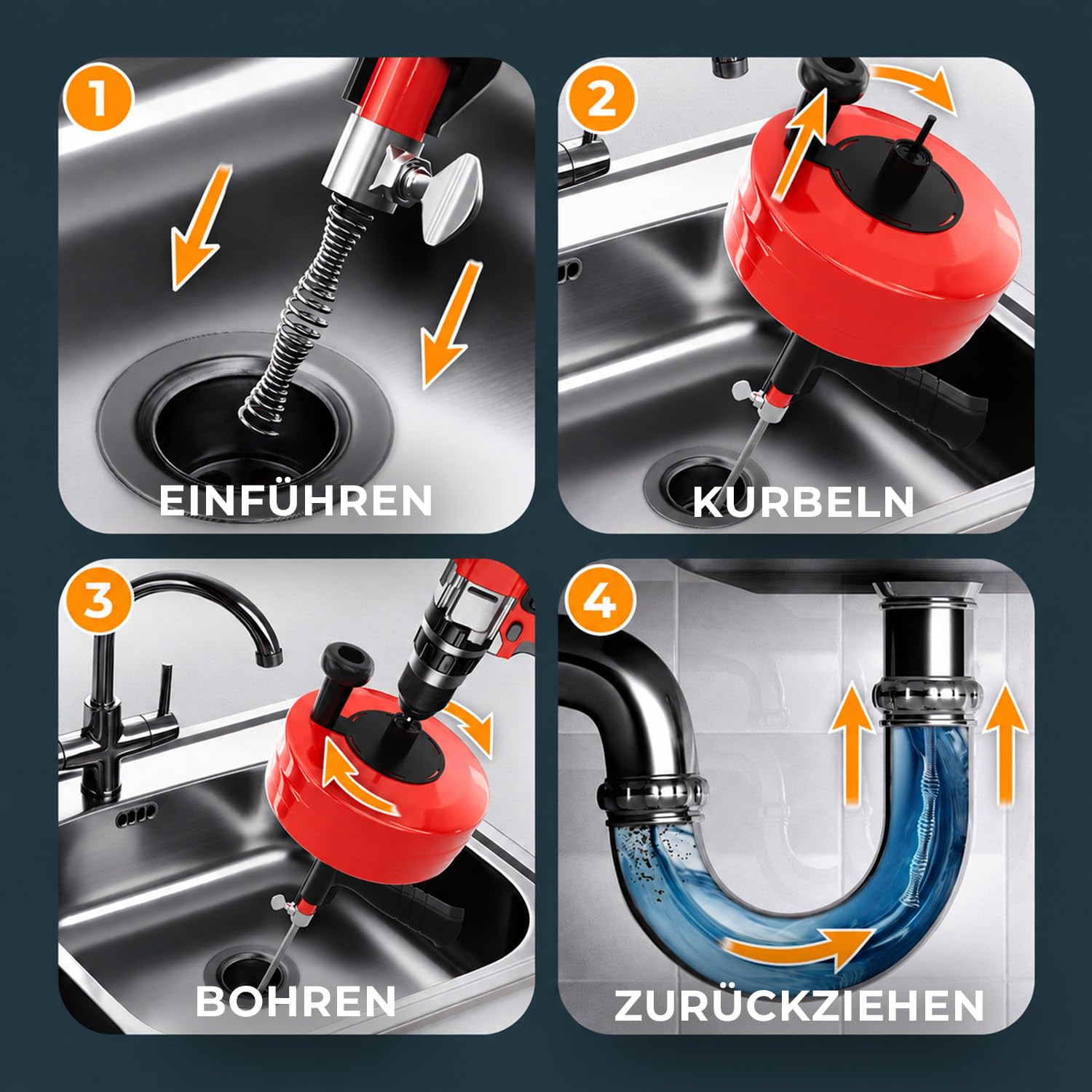 Meisterfaktur Rohrreinigungsspirale mit Metalltrommel [15m] - mit Bohraufsatz - Ideale Abflussspirale für eine umweltfreundliche Rohrreinigung - Die stabile Rohrspirale für echte Heimwerker!