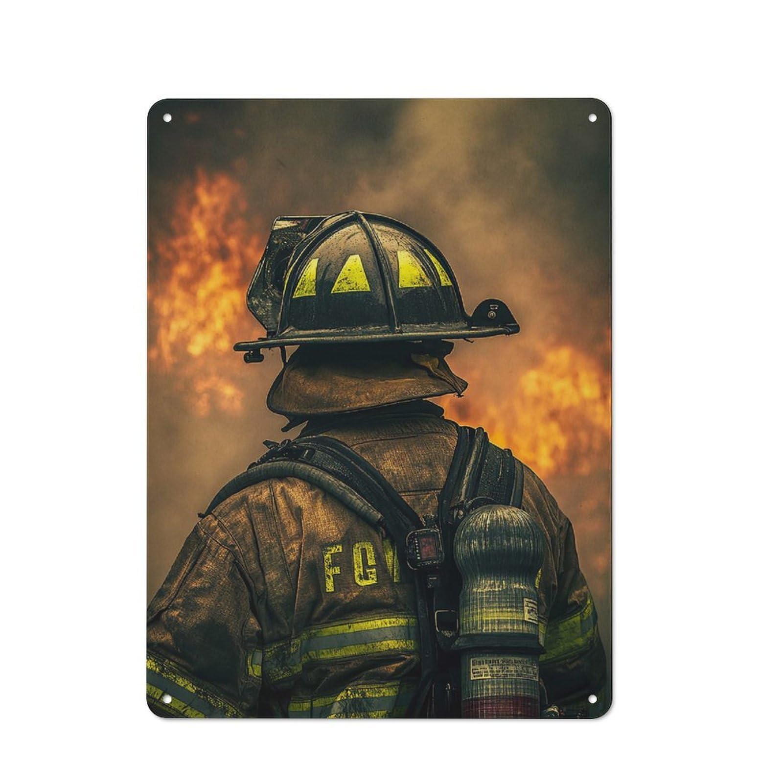 Retro Metal Plaque 40x30cm Featuring Firefighter in Action, Bistro Wall Plaque for Bakery, Diner, Cafe Or Family Room