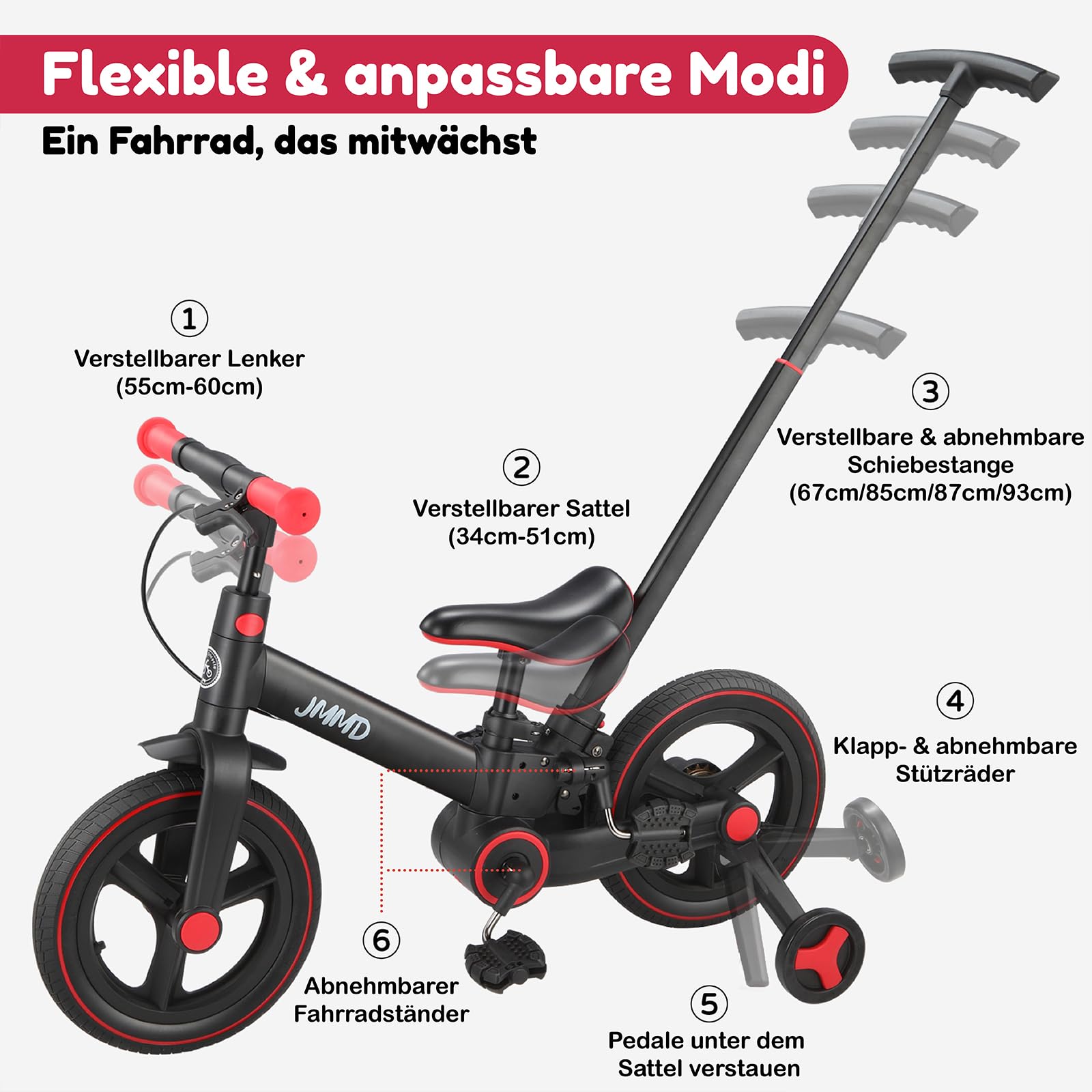 JMMD 6-in-1 Kinderfahrrad mit Stützrädern und Pedalen, Alter 18 Monate-5 Jahre, 12 Zoll Konvertierbares und Faltbares Laufrad & Fahrrad mit Verstellbarem Elternschiebegriff, Ständer, Bremsen