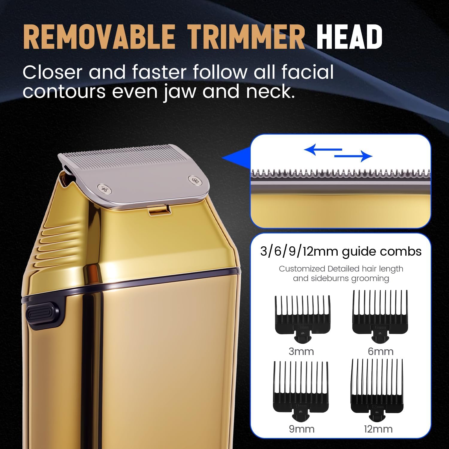 Hatteker Rasoir électrique 2-en-1 Pour Homme Rasoir à Feuille Taille-croix Avec Tête à Adsorption Magnétique Tête de Taille-croix Amovible étanchéité IPX7 Pour Rasage Sec et Humide Grand écran LED(Or)