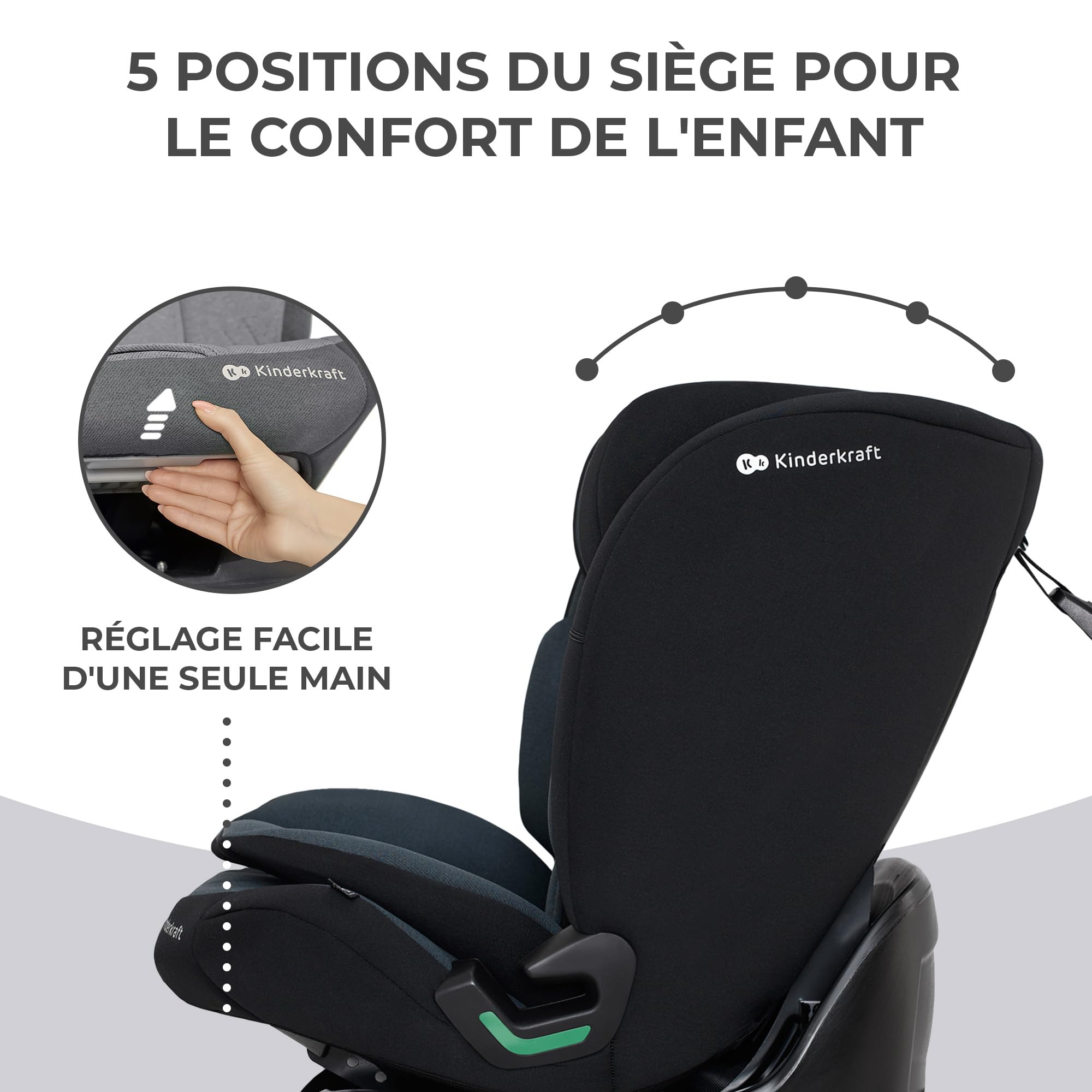 Kinderkraft ONETO3 I-Size 76 et 150 cm, Siège auto bébé Groupe 1/2/3 de 9 à 36 kg, 15 mois à 12 ans, Installation ISOFIX facile, Fonction reclining, Régler l'appui-tête sur 18 niveaux, Noir