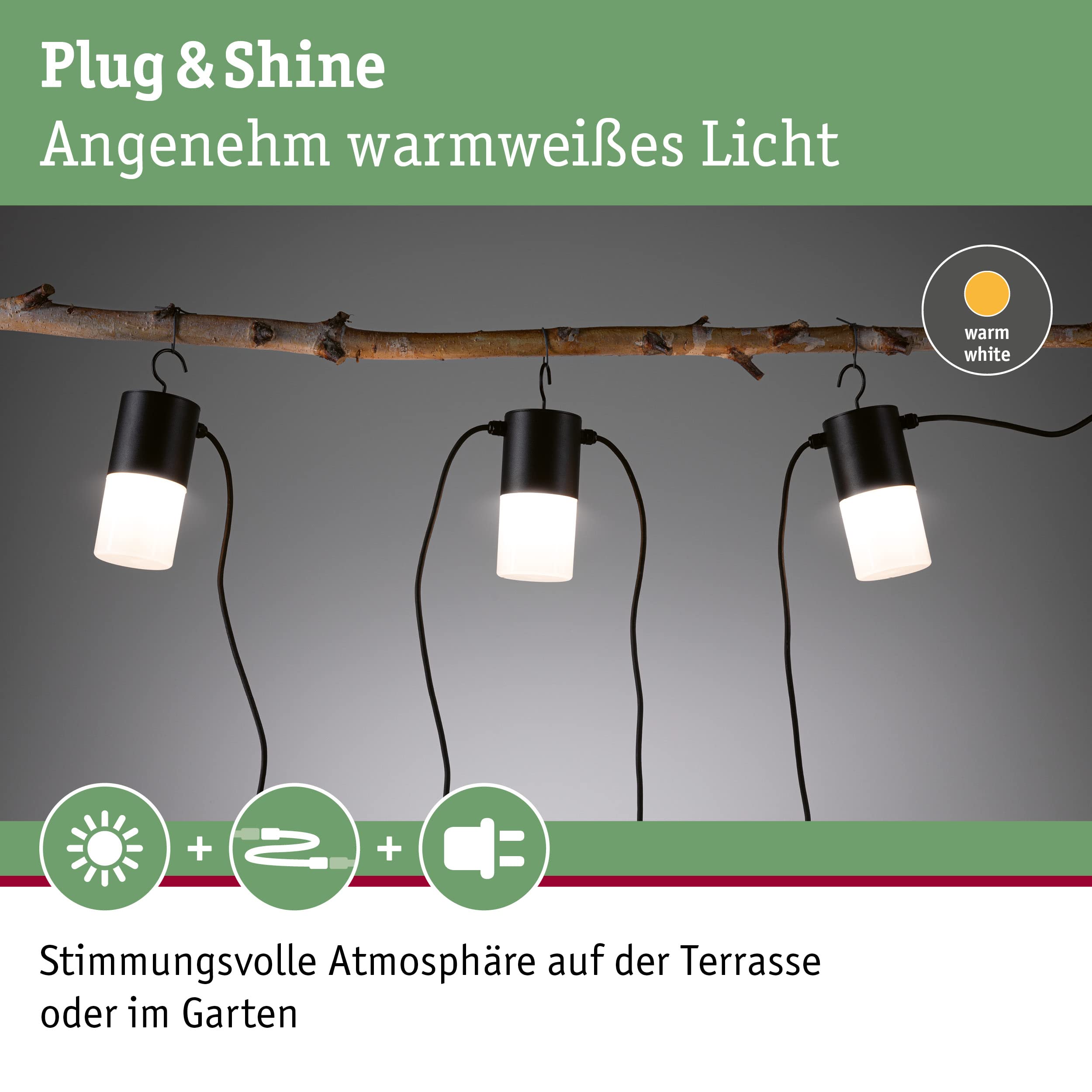 Paulmann 94761 Plug & Shine LED łańcuch świetlny Tubs IP44 3x2W 3x160lm możliwość ściemniania antracyt aluminium 3000K E14 z wymienną żarówką