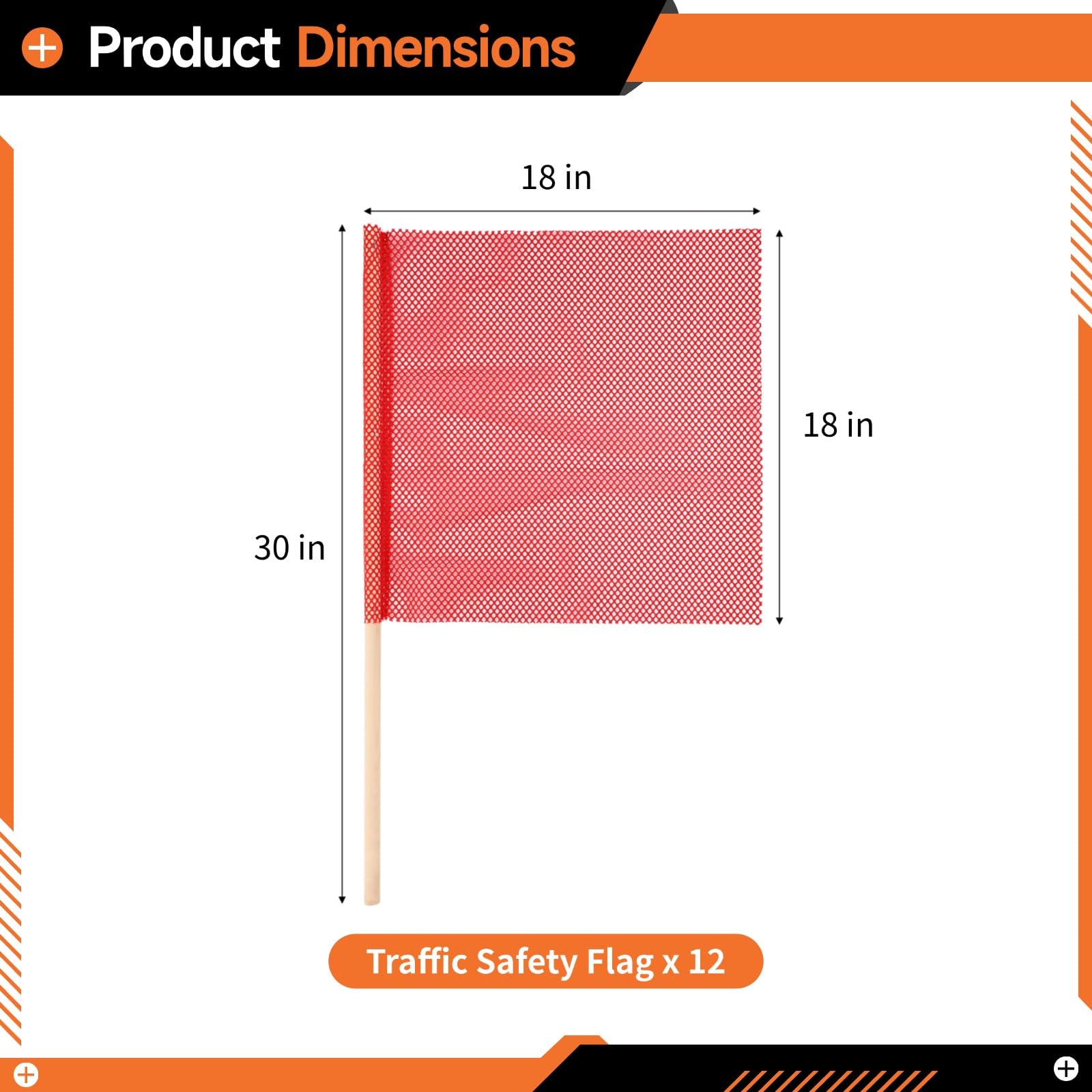 12 banderas de mano de malla de PVC naranja fluorescente para seguridad de tráfico, 18 x 18 pulgadas, señales de advertencia de carga de gran tamaño para camiones con postes de madera, para