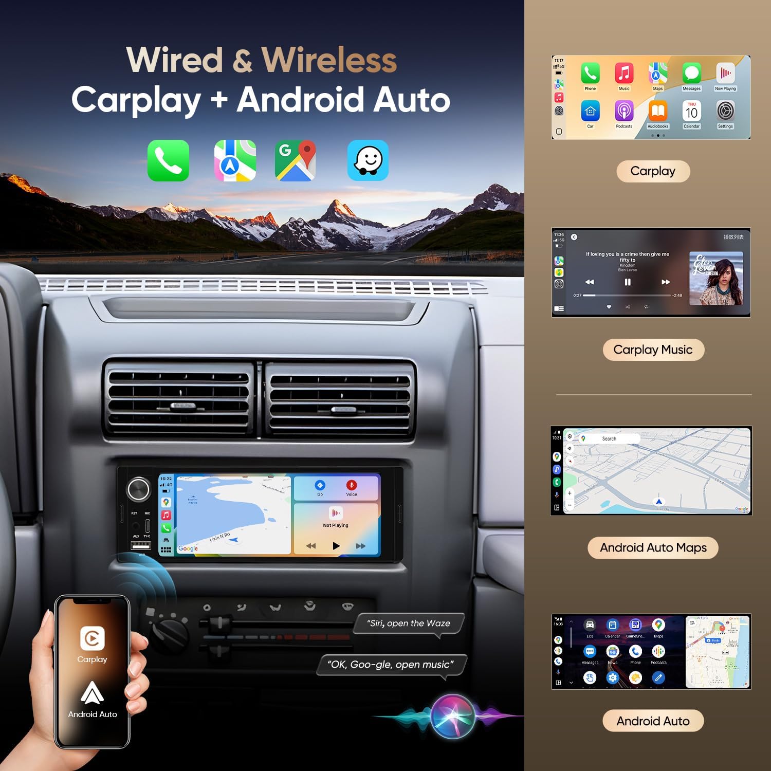 Before and after installation comparison of the AINAVIGO Single DIN Car Stereo in a vehicle dashboard.