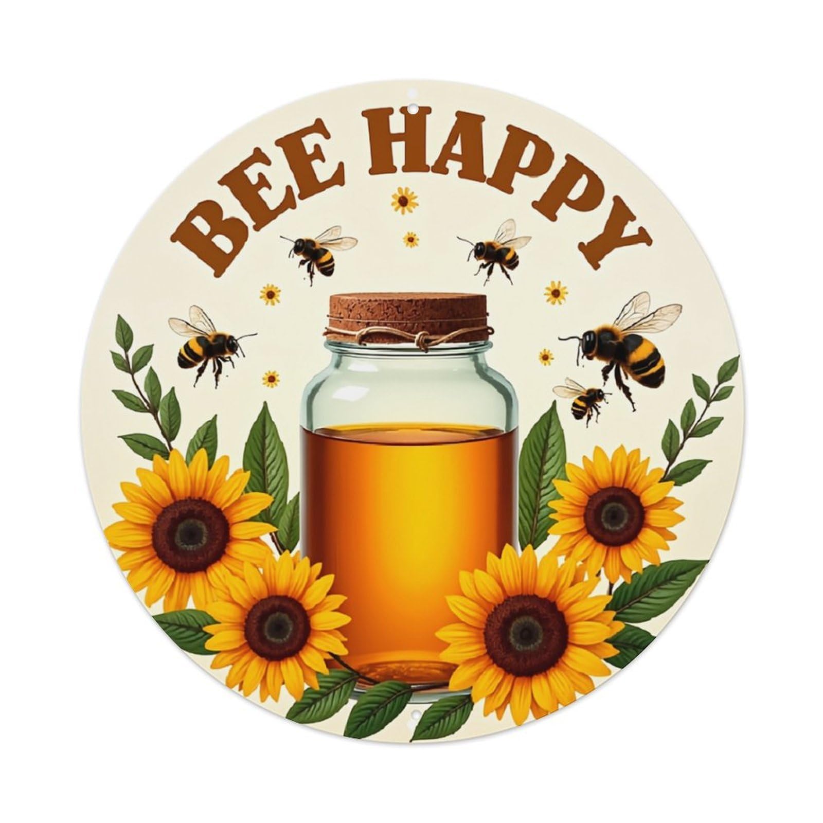Bee Happy Honey Jar Sunflowers Metal Tin Sign Plaque