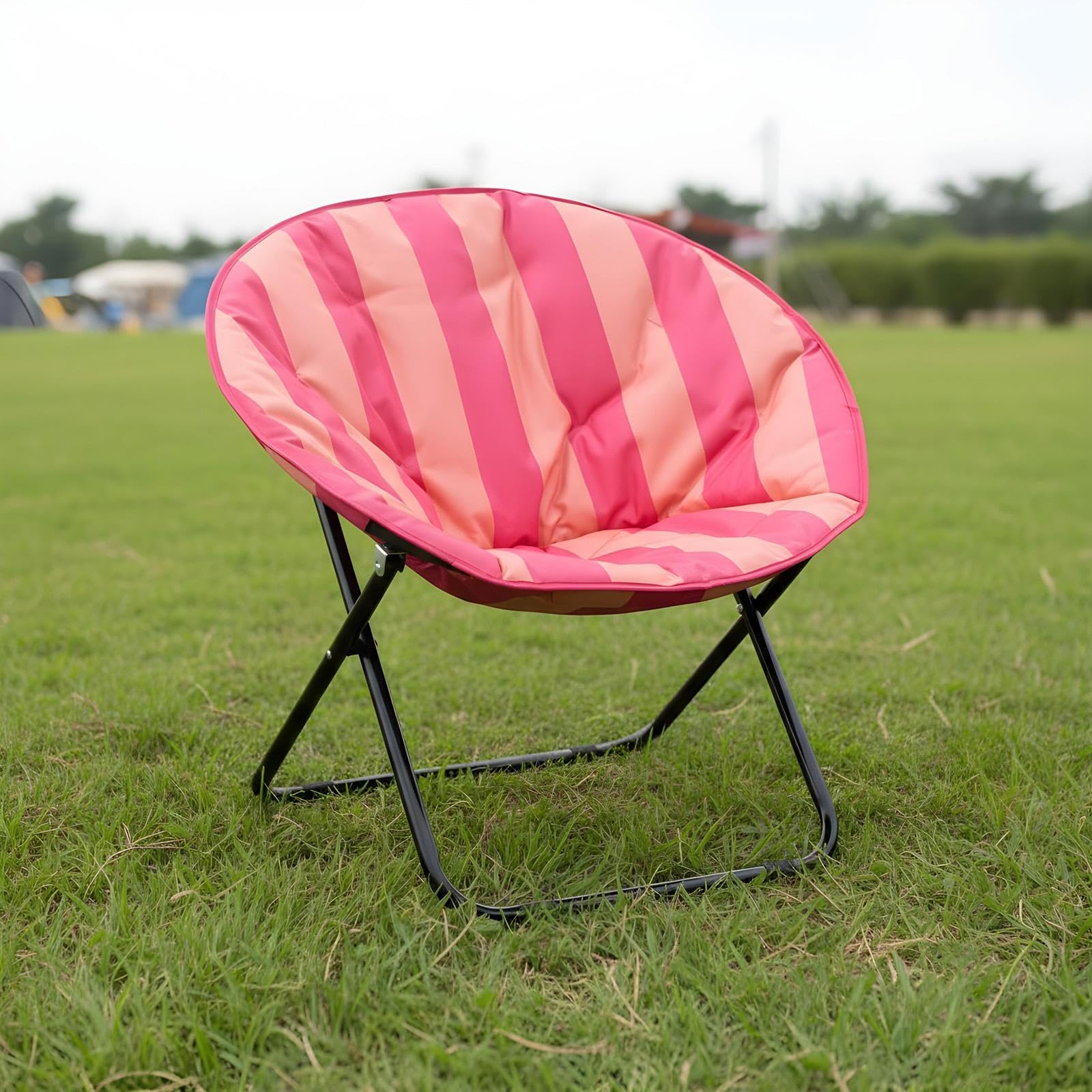 OHS Padded Camping Chair Stripe Moon Chair, Lightweight Comfy Round Folding Chairs with Steel Frame Portable Reading Chairs for Living Room Bedroom Outdoor Activities, Pink/Orange โ image 1