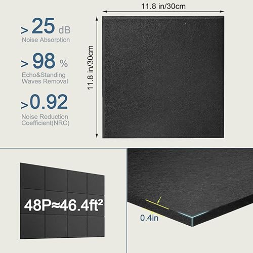 Miniatura 3 de Paneles acústicos, paquete de 48 paneles de pared autoadhesivos insonorizados, paneles de pared con cancelación de ruido de 11.8 x 11.8 x 0.4