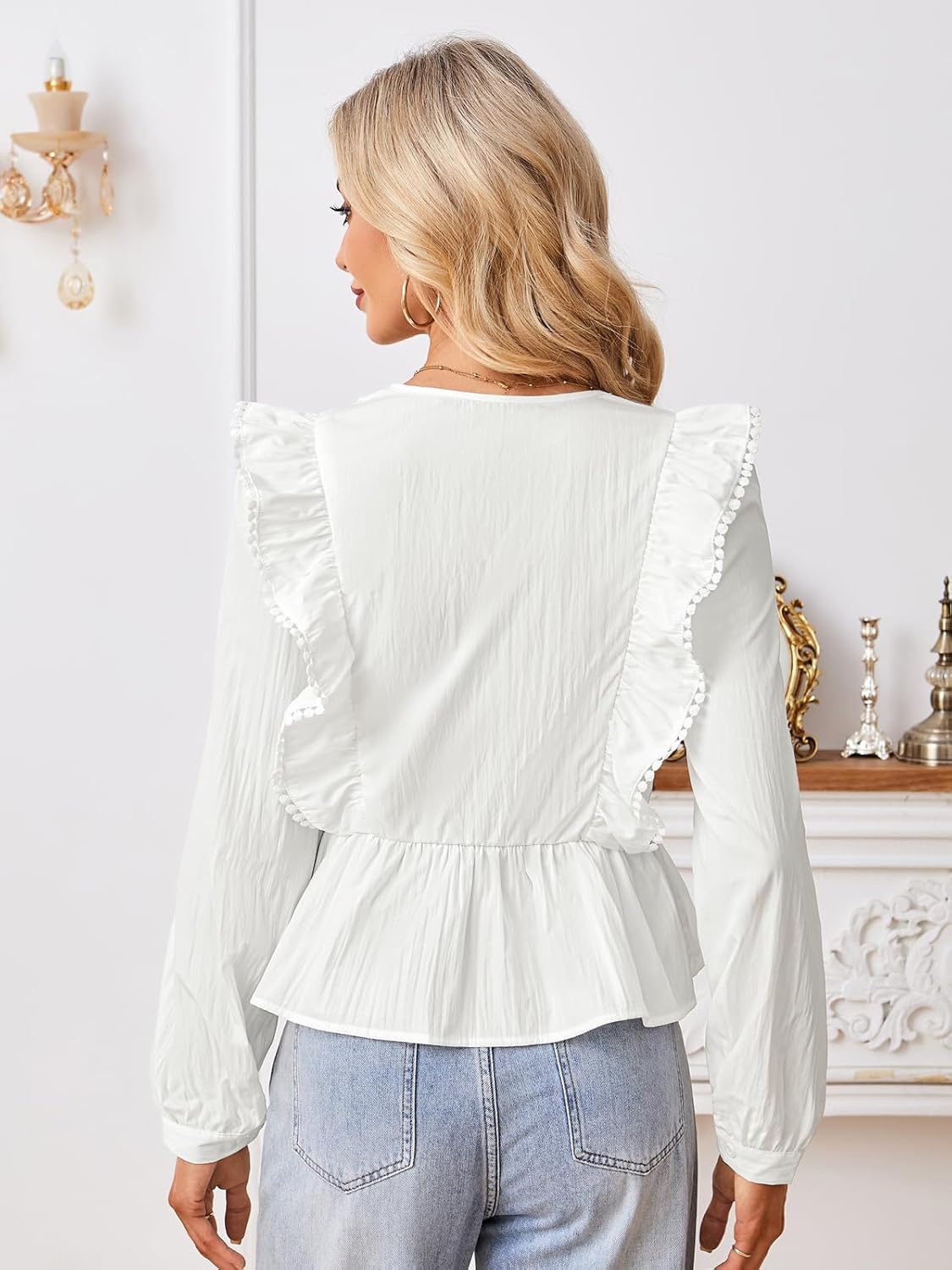 Button Down Shirts for Women Pleated Dress Shirts Wrinkle Free Long Sleeve Casual Outfits Tops V-Neck Blouses - Image 2