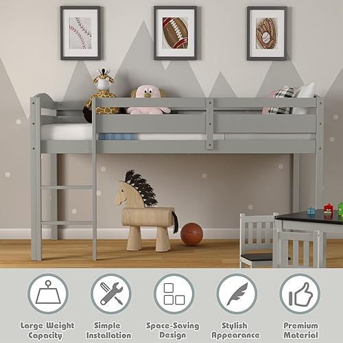 Miniatura 3 de Costzon Cama alta tamaño individual, cama baja de madera maciza con barandilla de protección y escalera, cama individual para niños y niñas, no