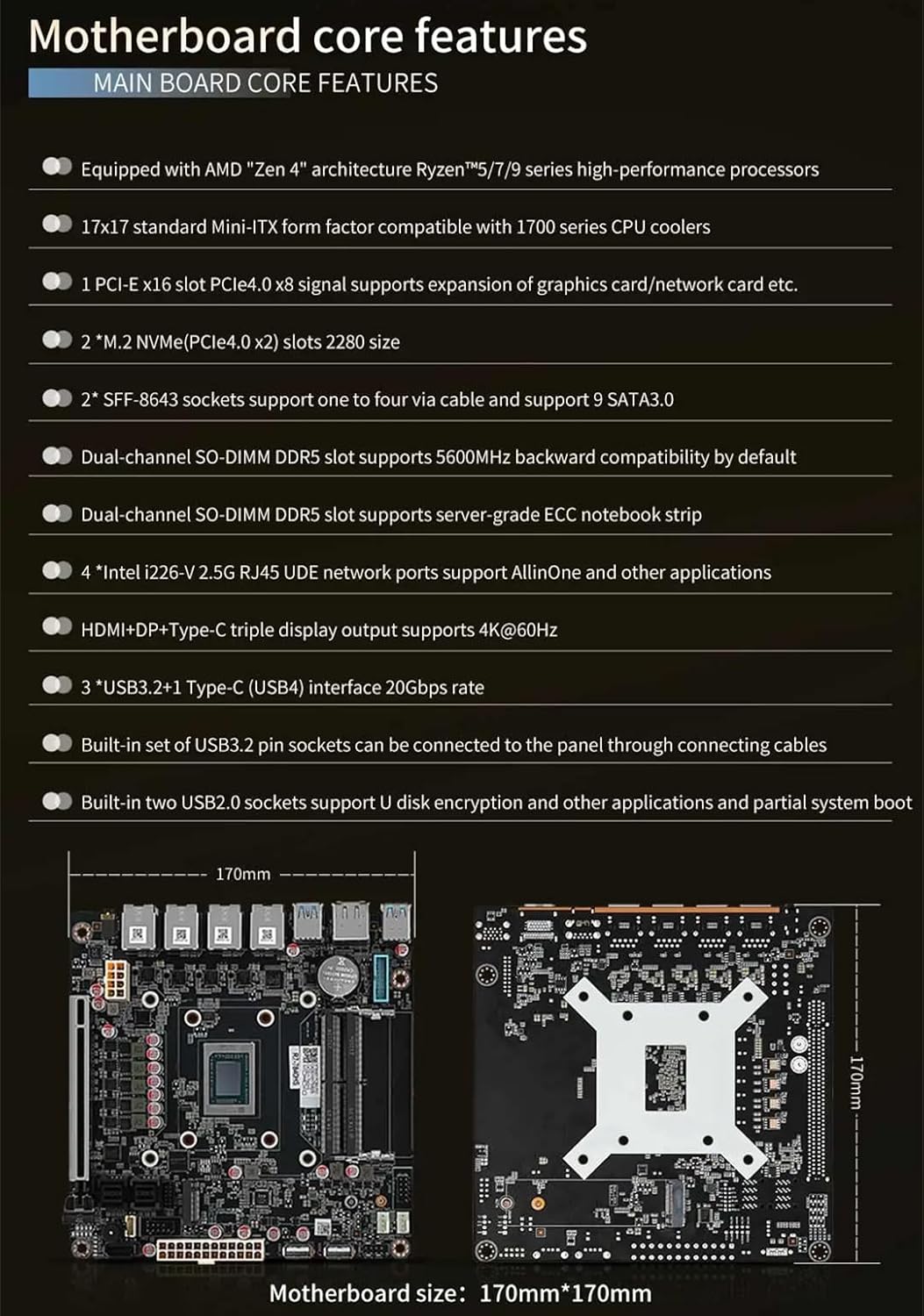 NAS Motherboard AMD Ryzen 7 8845HS, Firewall VPN Router DIY, 4 Port i226-V 2.5GbE LAN, 2xDDR5, 2*M.2 NVMe PCIE X16, 9*SATA3.0, HDMI2.0 DP USB4 Type-C, ITX 17x17CM.+2×SFF8643 to 4 * SATA Data Cable