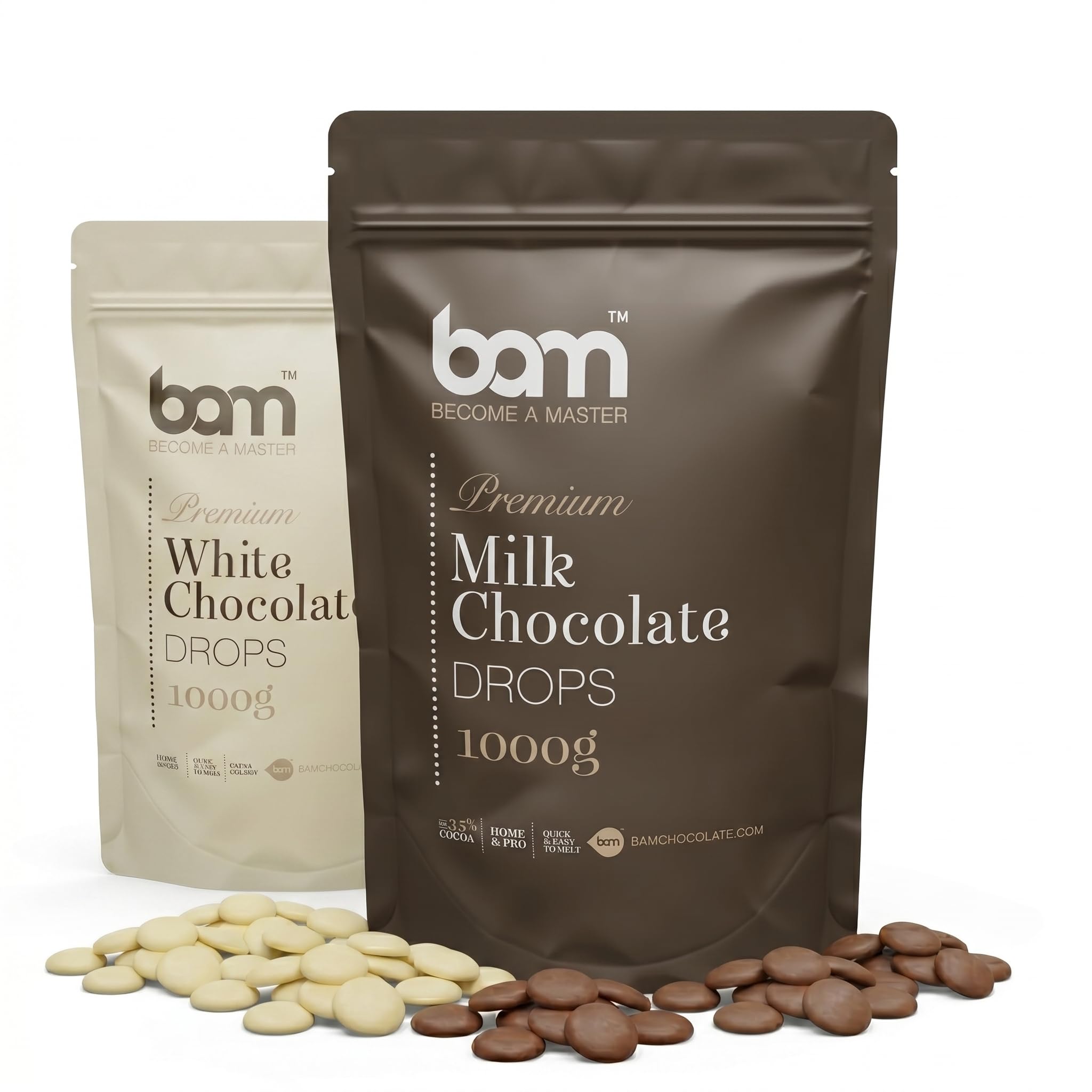 BAM Pépites de Chocolat de Couverture – Lot de 2 | Chocolat au Lait (35%) & Blanc en Pistoles | Chocolat Pâtissier pour Ganache, Fondue, Fontaine & Desserts – 2 x 1000g