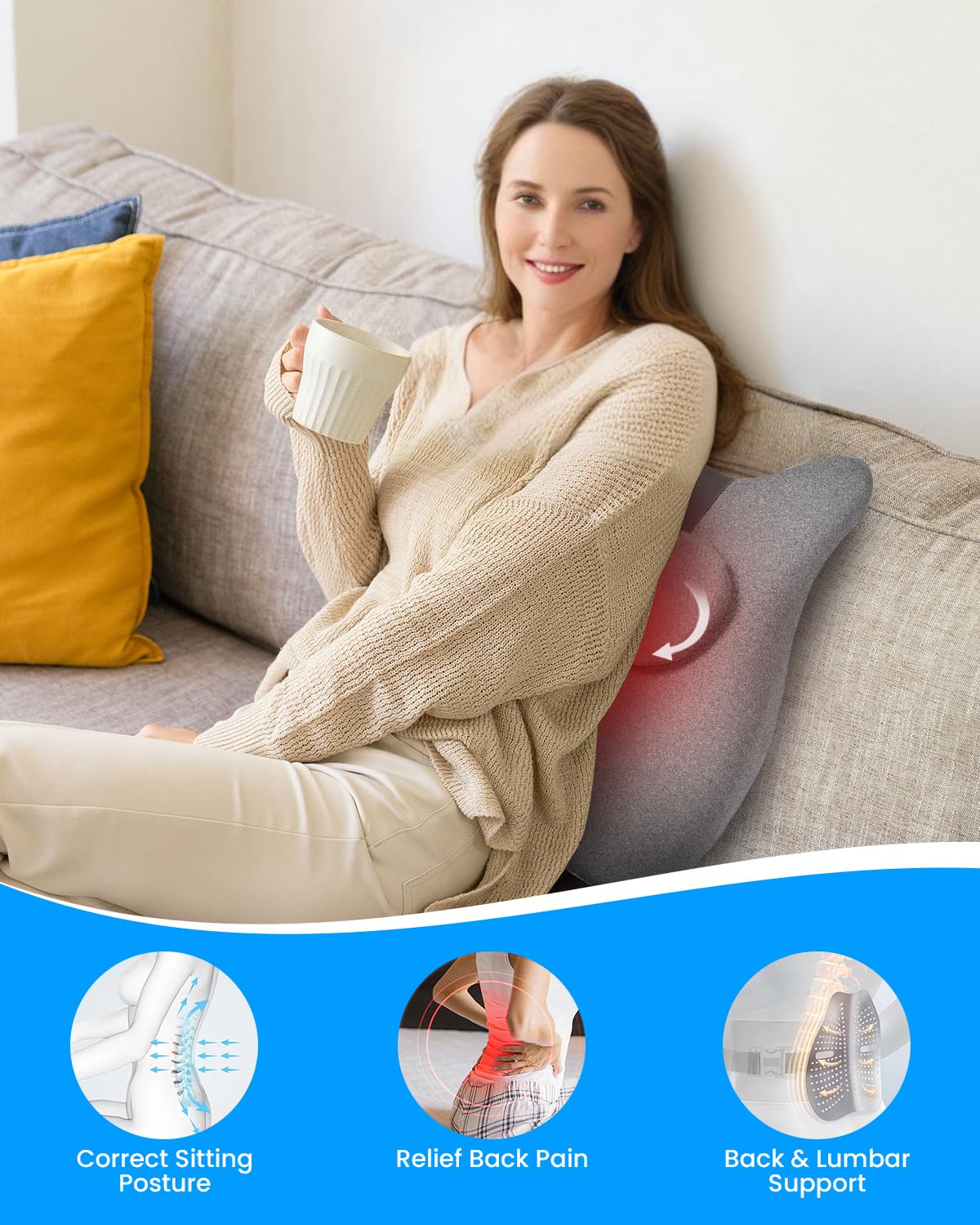 COMFIER Masajeador de espalda con calor, cojín de espuma viscoelástica con masaje Shiatsu, soporte lumbar ergonómico con calor de grafeno, masajeador de cuello, regalos para mujeres y hombres