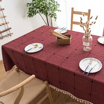 Tassel Tablecloth - Cotton Linen Dust-Proof Rectangle Oblong Table Cover for Kitchen Dining Room Party Home Tabletop Decoration55x78.7 Inch Kanto Red
